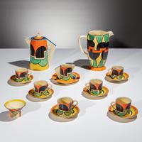 Clarice Cliff (English, 1899–1972) — Castellated Circle (Green Circle) pattern Coffee Service, 17 pieces