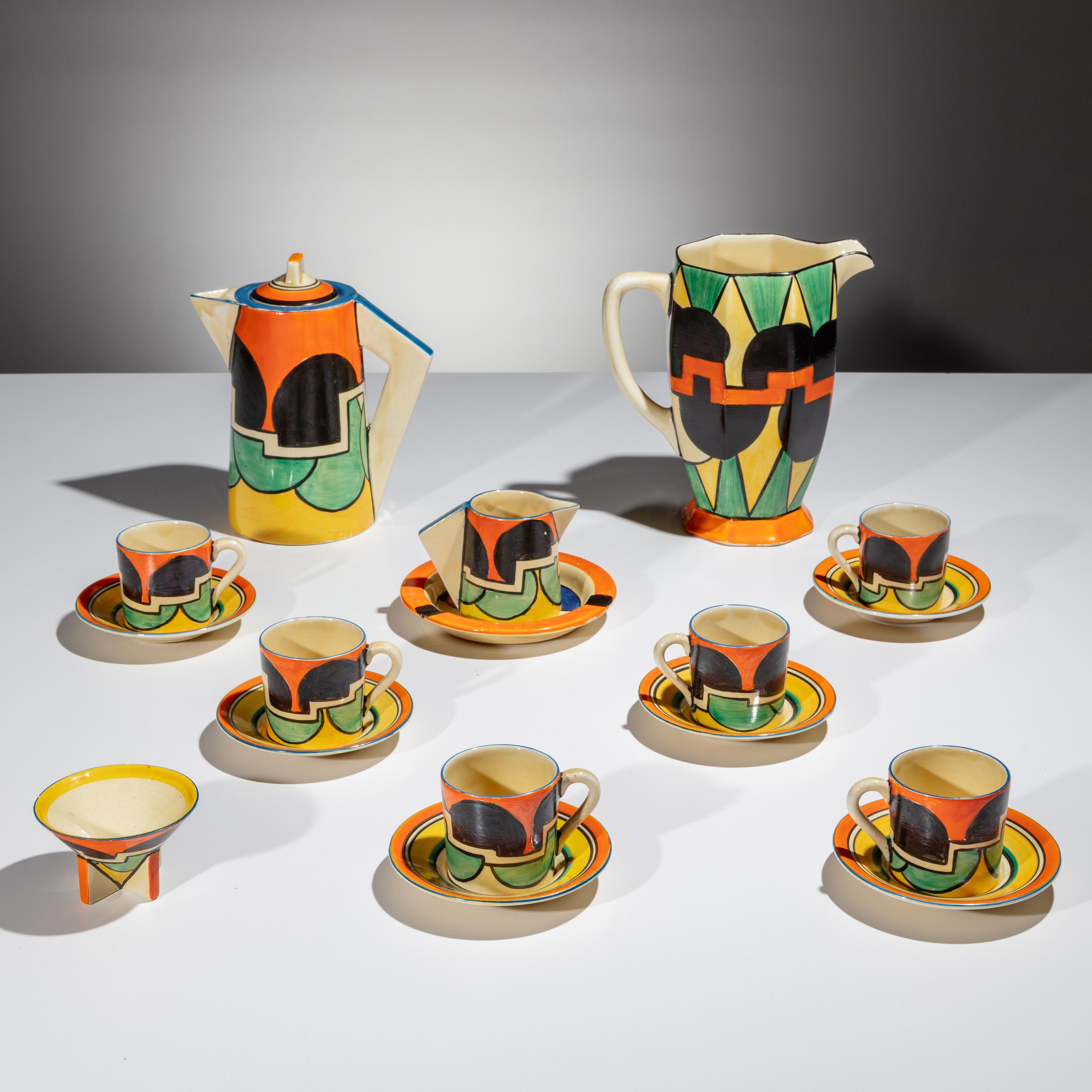 Clarice Cliff (English, 1899–1972) — Castellated Circle (Green Circle) pattern Coffee Service, 17 pieces