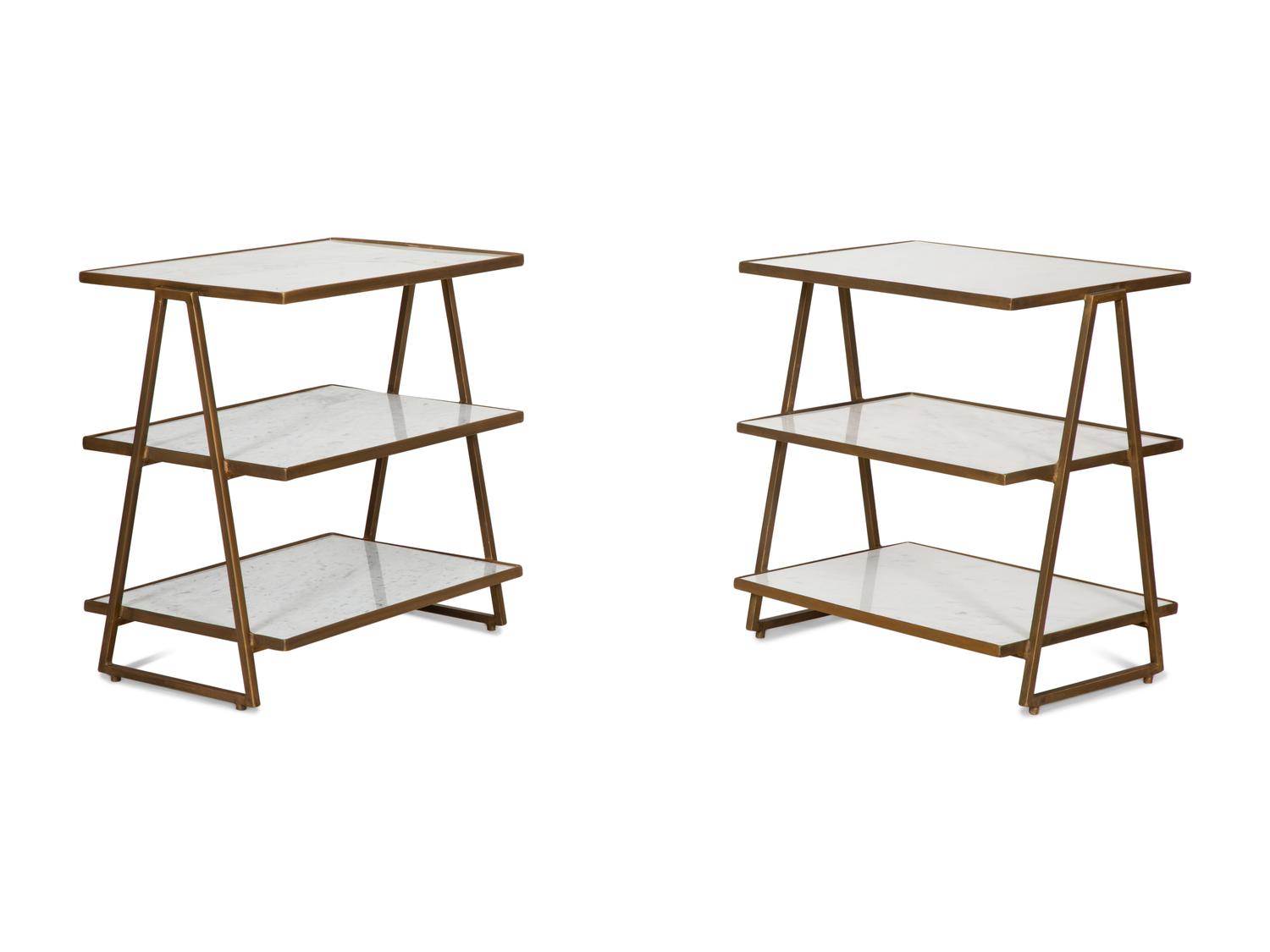 A Pair of Three Tier Marble and Brass Side Tables by Wisteria