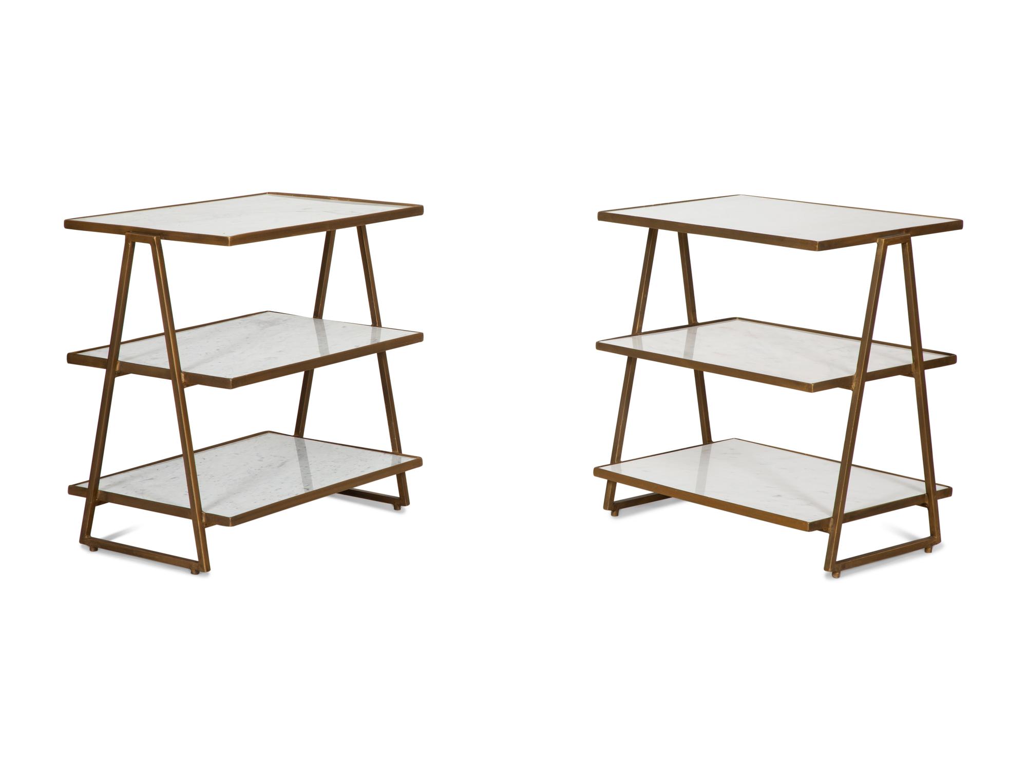 A Pair of Three Tier Marble and Brass Side Tables by Wisteria