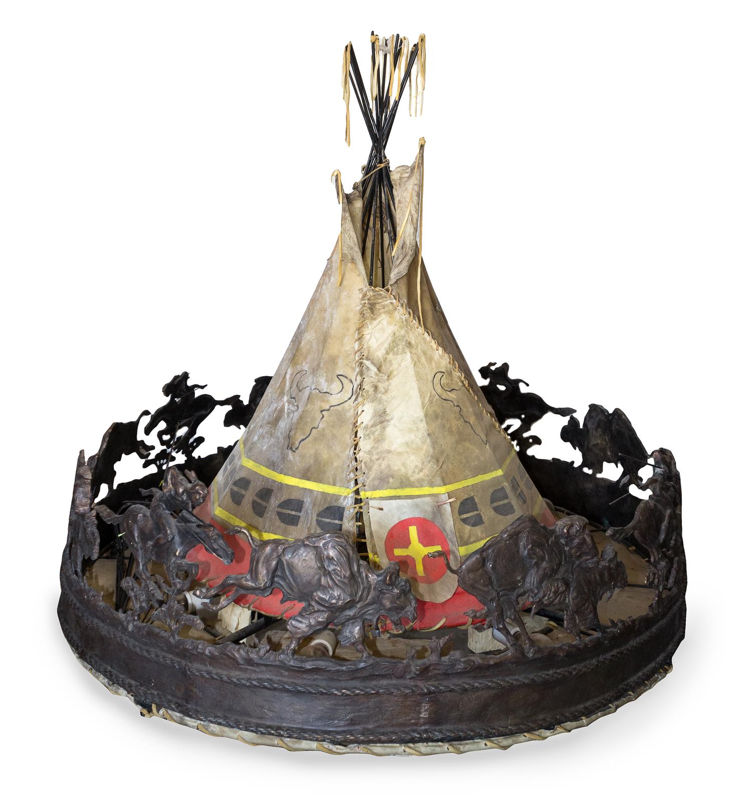 A Large Molesworth Style Bronze and Hide Chandelier, Peter Fillerup, (American, 1953-2016) Height 57 x diameter 48 inches.