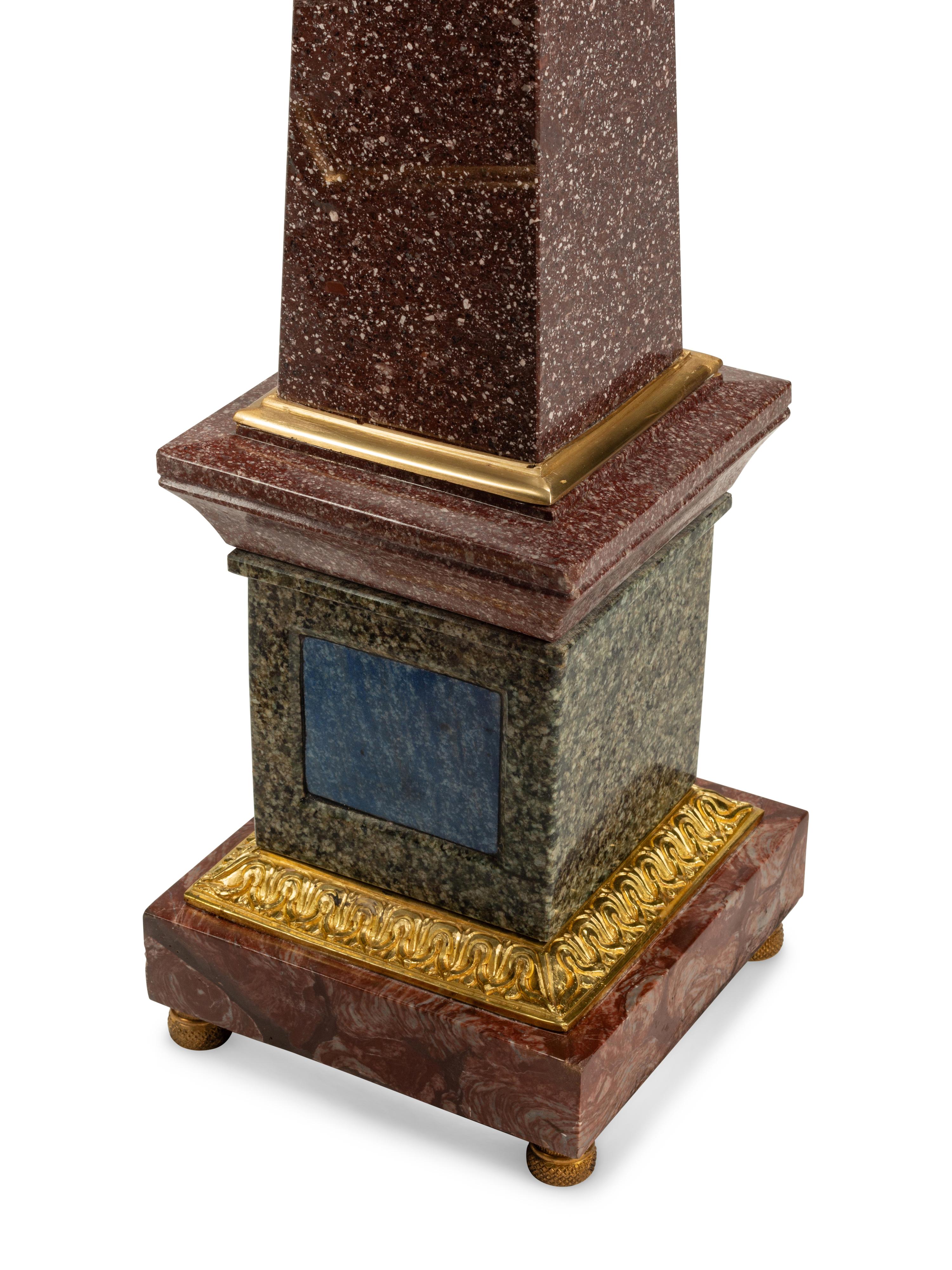 A Pair of Continental Gilt Bronze Mounted Hardstone and Marble Obelisks