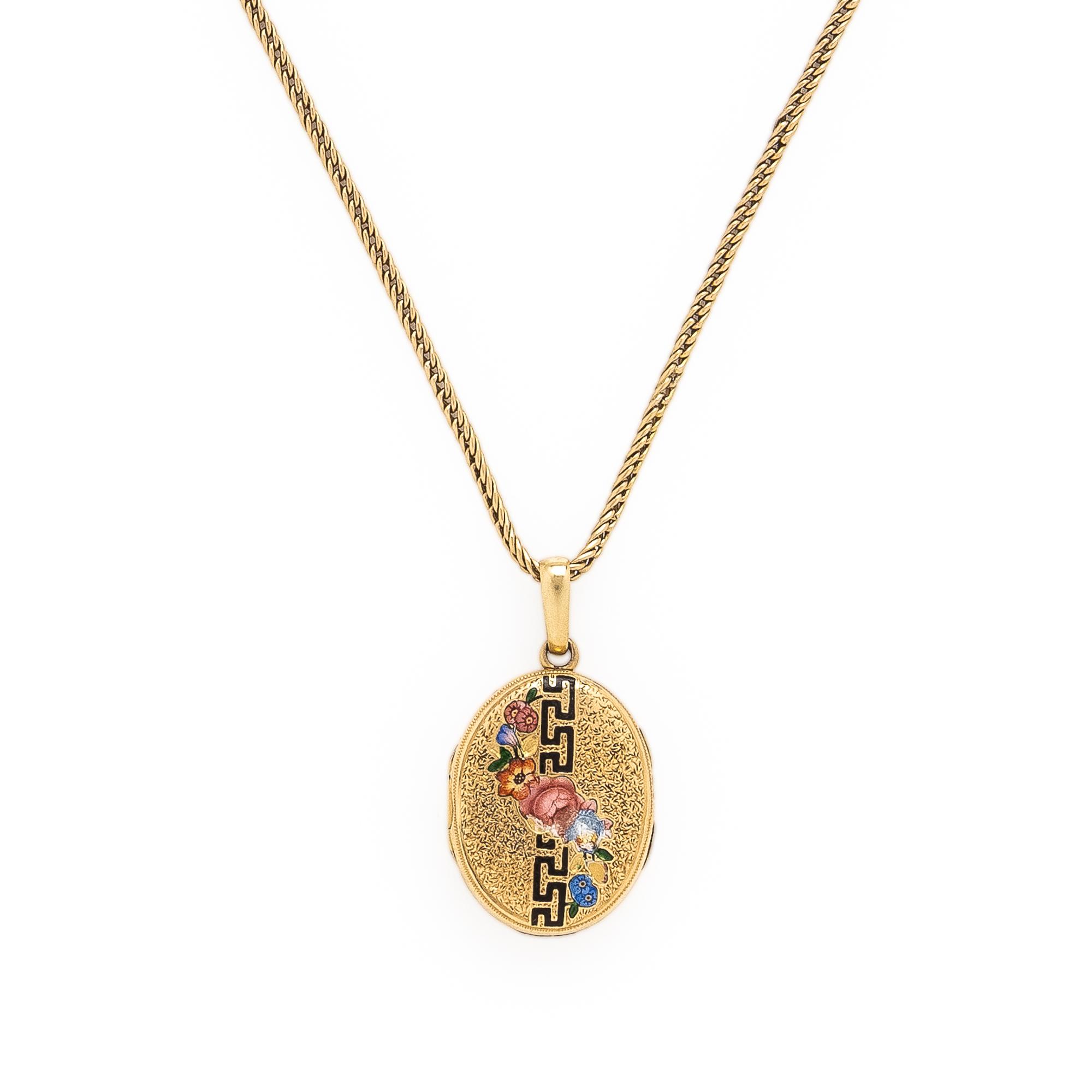 Yellow Gold and Enamel Locket Necklace and Stick Pin