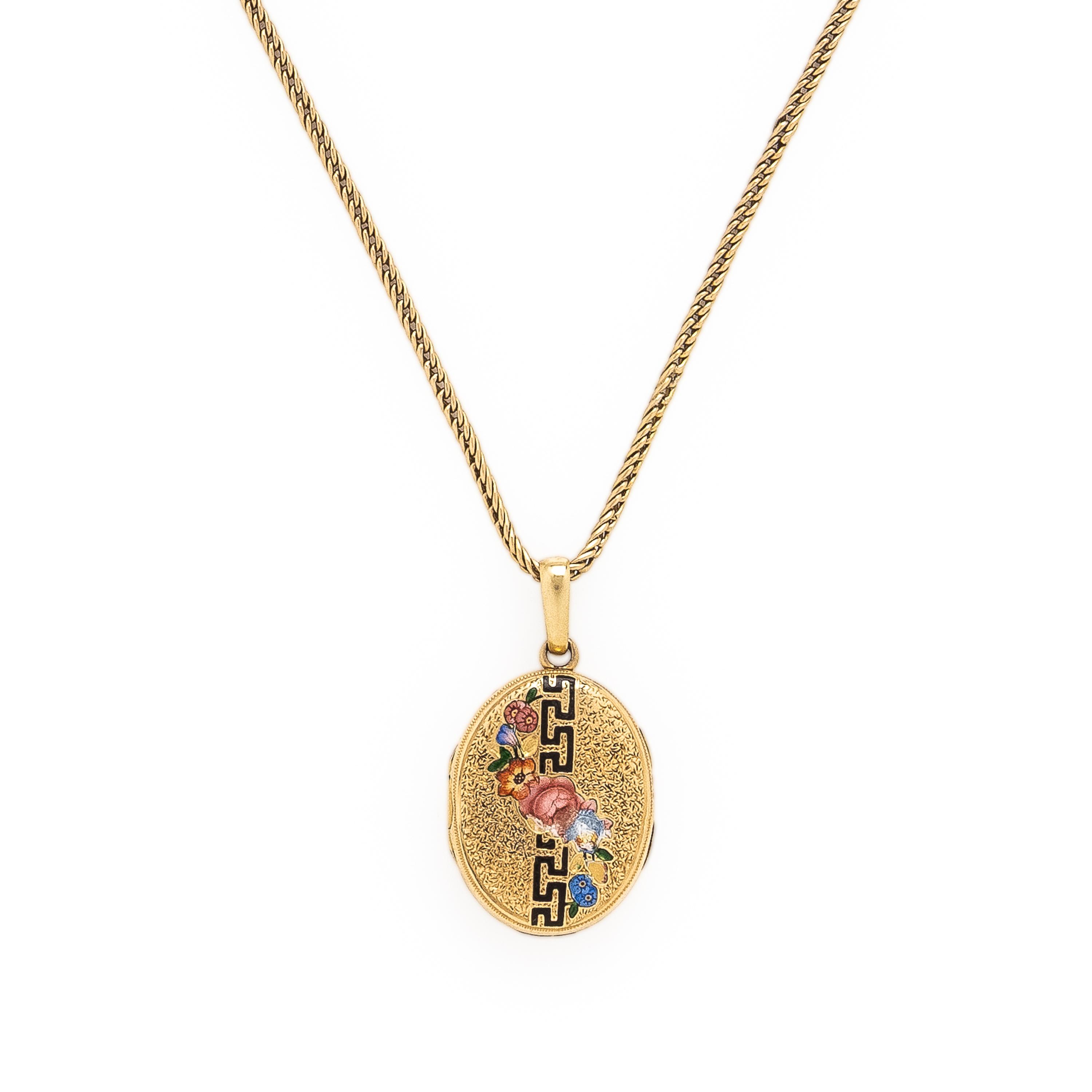 Yellow Gold and Enamel Locket Necklace and Stick Pin