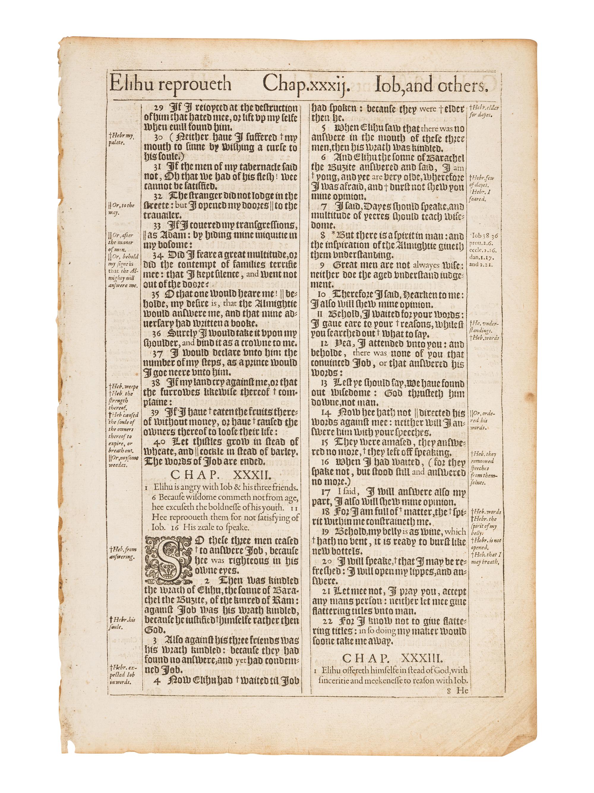[LEAVES - BIBLE, in English]. Two consecutive leaves from The Holy Bible , King James' Pulpit version. [London: printed by Robert Barker,] 1611. FIRST EDITION.