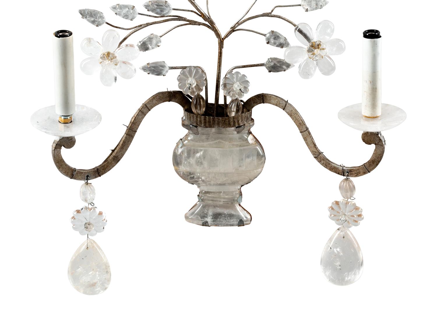 A Pair of Silvered Metal and Rock Crystal Two-Light Sconces in the Style of Maison Baguès