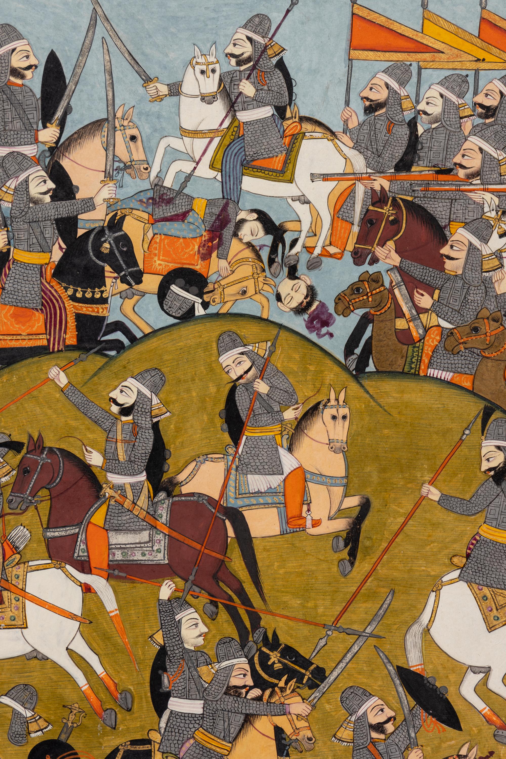 An Indian Painting of a Battle Scene, Punjab Hills, Kangra, Circa 1820 約1820年 印度旁遮普山丘岡格拉派細密畫《交戰圖》