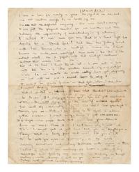 LAWRENCE, D. H. (1885-1930). Autograph letter signed ("D. H. Lawrence"), to David Garnett. Greatham, Pulborough, Sussex, [19 April 1915]. 5 pages, 8vo . [ With :] LAWRENCE, Freida. Autograph letter signed ("Freida"), to David Garnett. [19 April 1915]. With postscript from D. H. Lawrence at end. 2 pages, 8vo, with original envelope marked "Absolutely Private ."