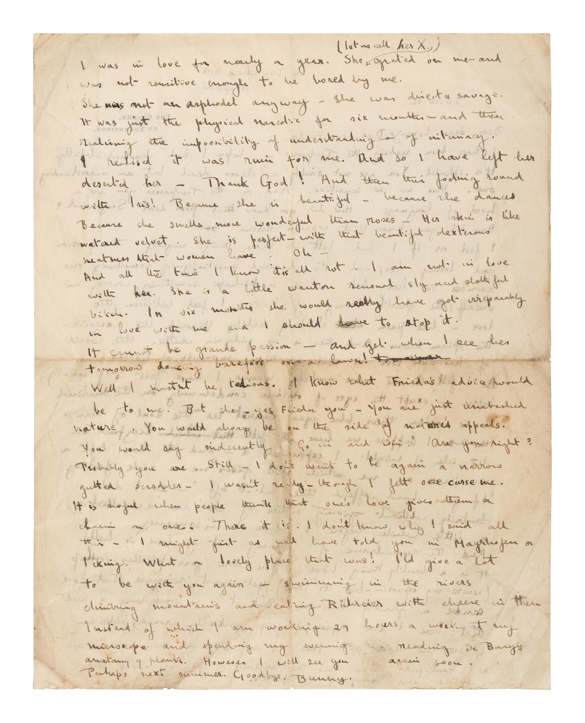 LAWRENCE, D. H. (1885-1930). Autograph letter signed ("D. H. Lawrence"), to David Garnett. Greatham, Pulborough, Sussex, [19 April 1915]. 5 pages, 8vo . [ With :] LAWRENCE, Freida. Autograph letter signed ("Freida"), to David Garnett. [19 April 1915]. With postscript from D. H. Lawrence at end. 2 pages, 8vo, with original envelope marked "Absolutely Private ."