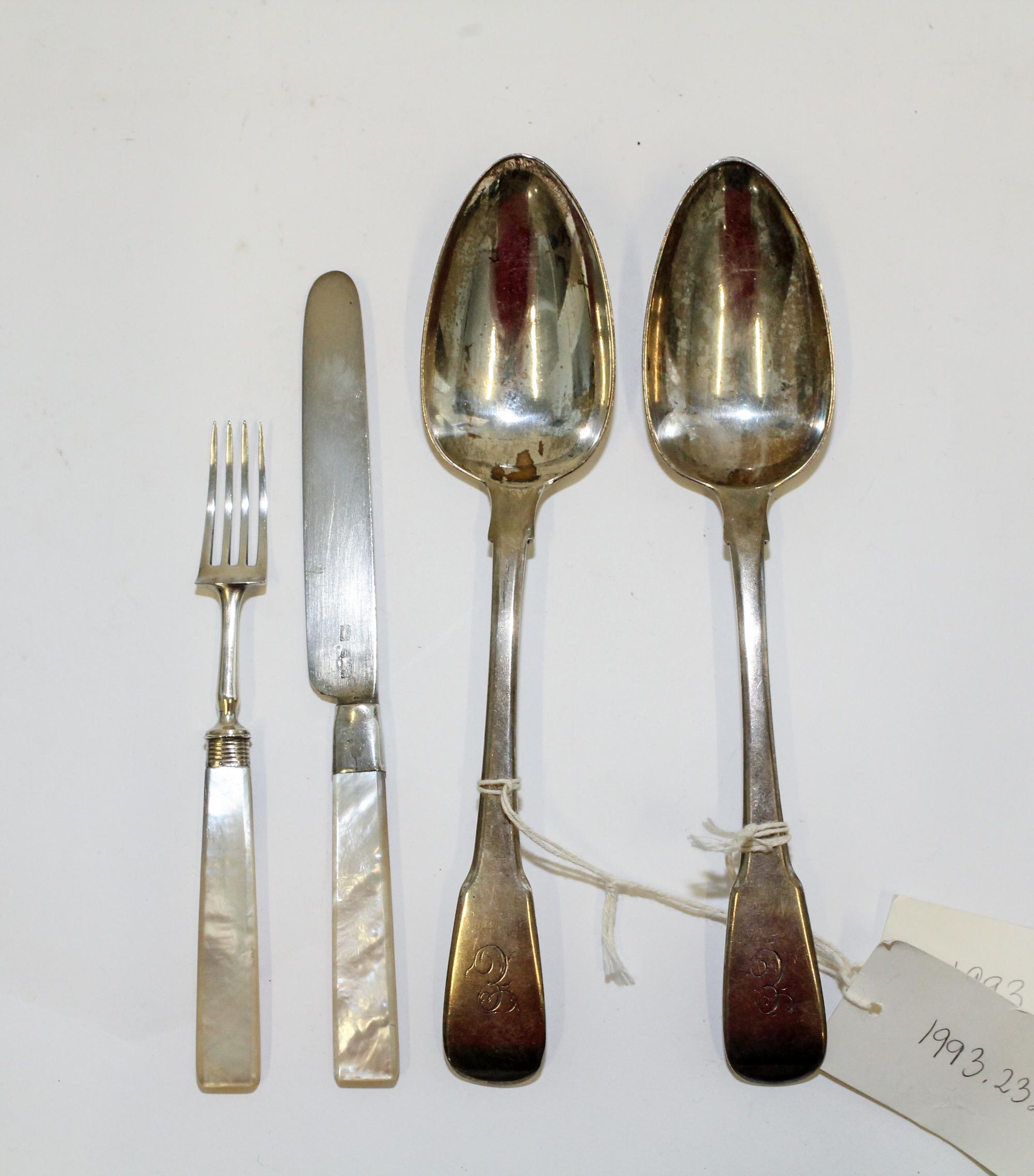 A Pair of George III Silver Table Spoons, Thomas Barker, London, 1804, Fiddle pattern, the handles engraved with a G monogram, together