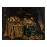 American School 19th Century, A Still Life: Tablescape with Flowers and Fruit