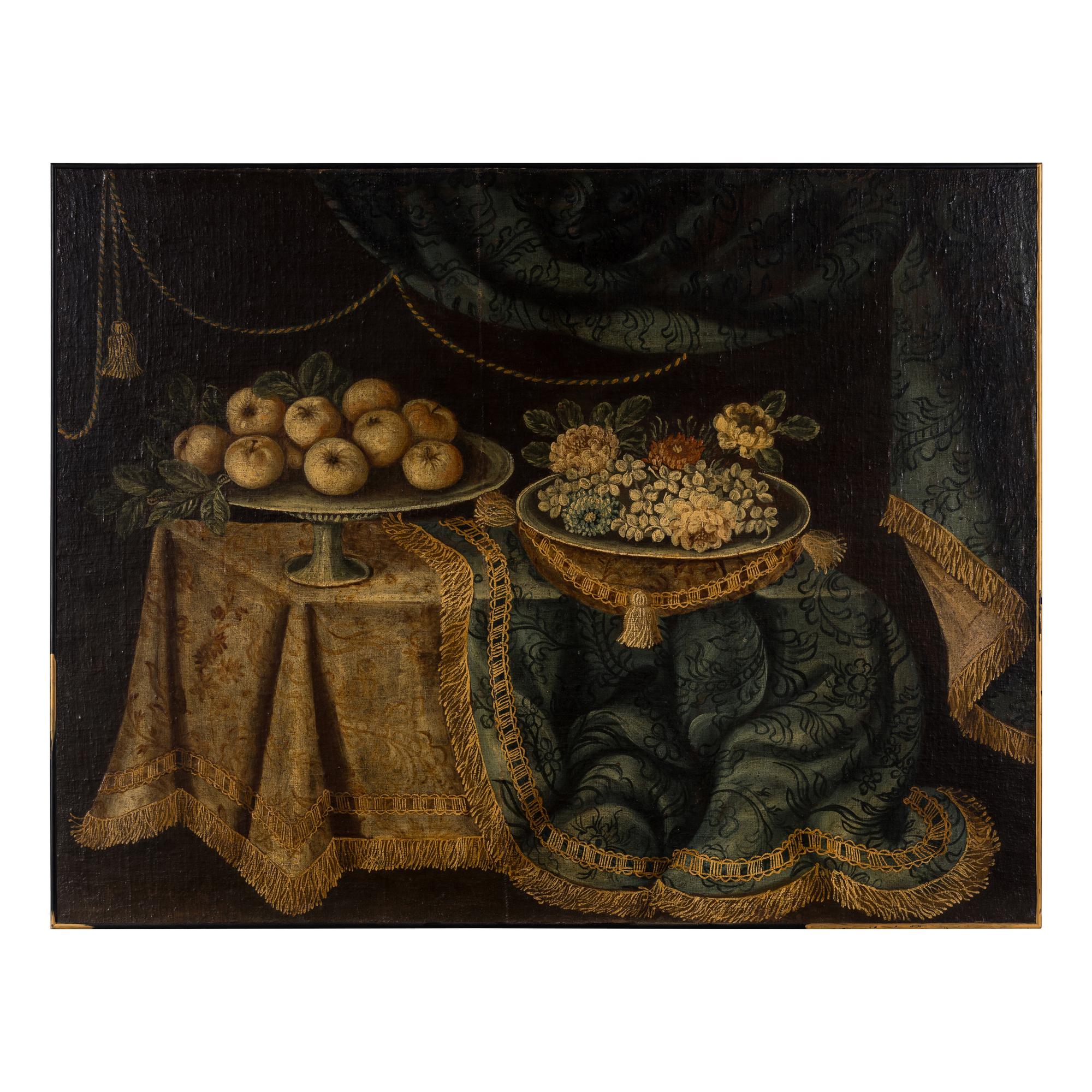 American School 19th Century, A Still Life: Tablescape with Flowers and Fruit