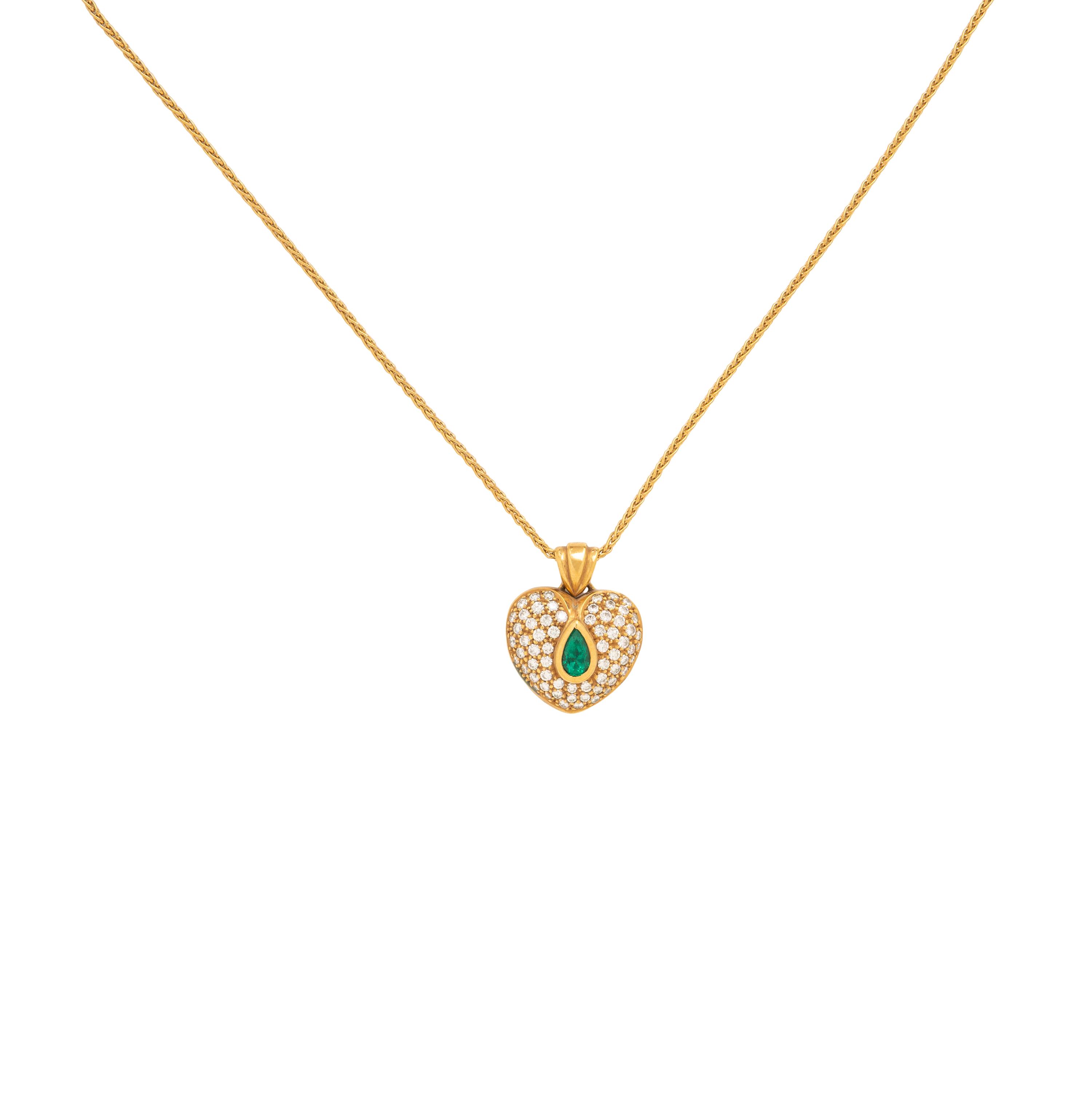 Emerald, Diamond, and Yellow Gold Heart Pendant Necklace