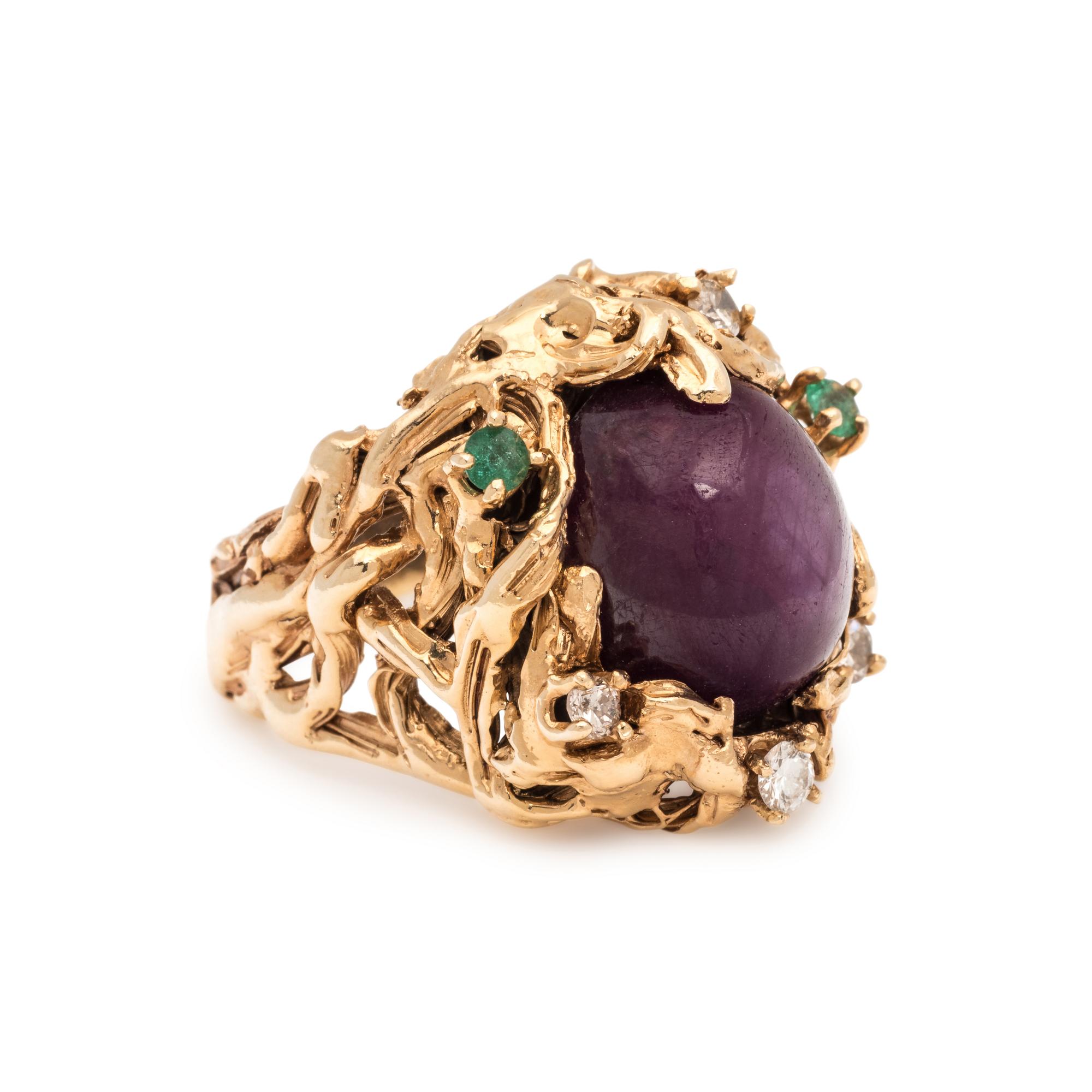 BRUTALIST, YELLOW GOLD, RUBY, DIAMOND AND EMERALD RING