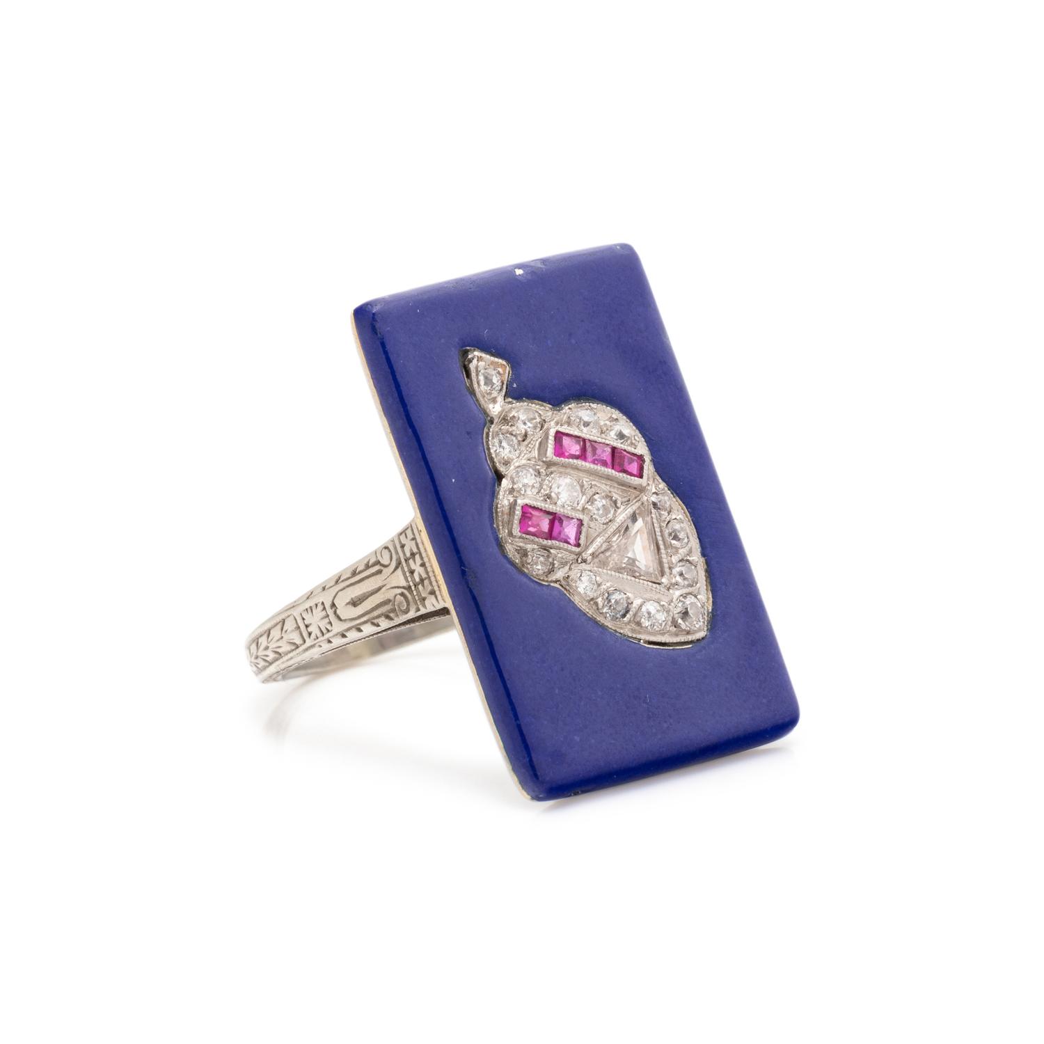 ANTIQUE, DIAMOND, RUBY AND ENAMEL ACORN RING