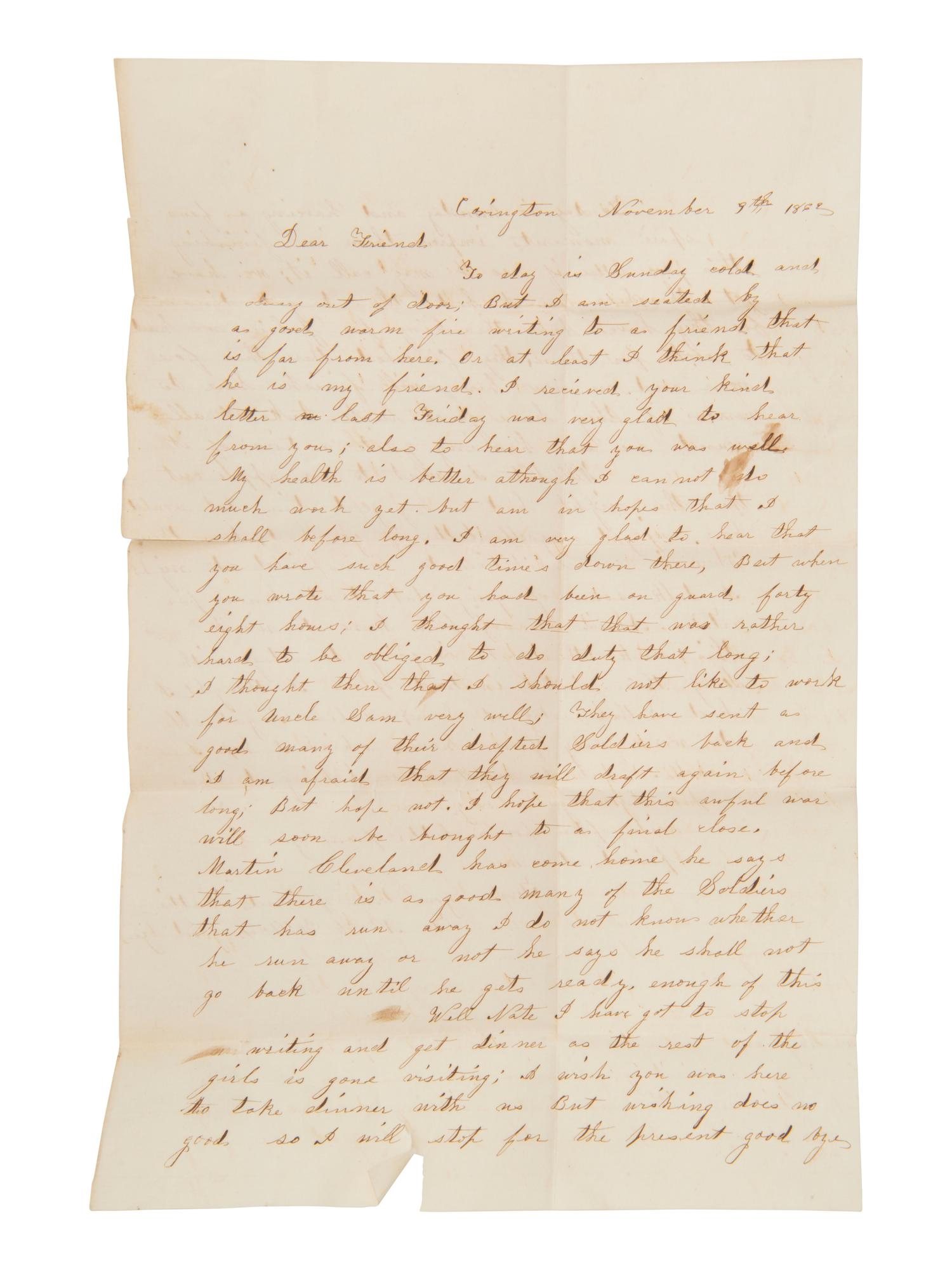 [CIVIL WAR]. Letter to a soldier, Nathan Wilcox, KIA at Gettysburg. Covington, [PA], 9 November 1862