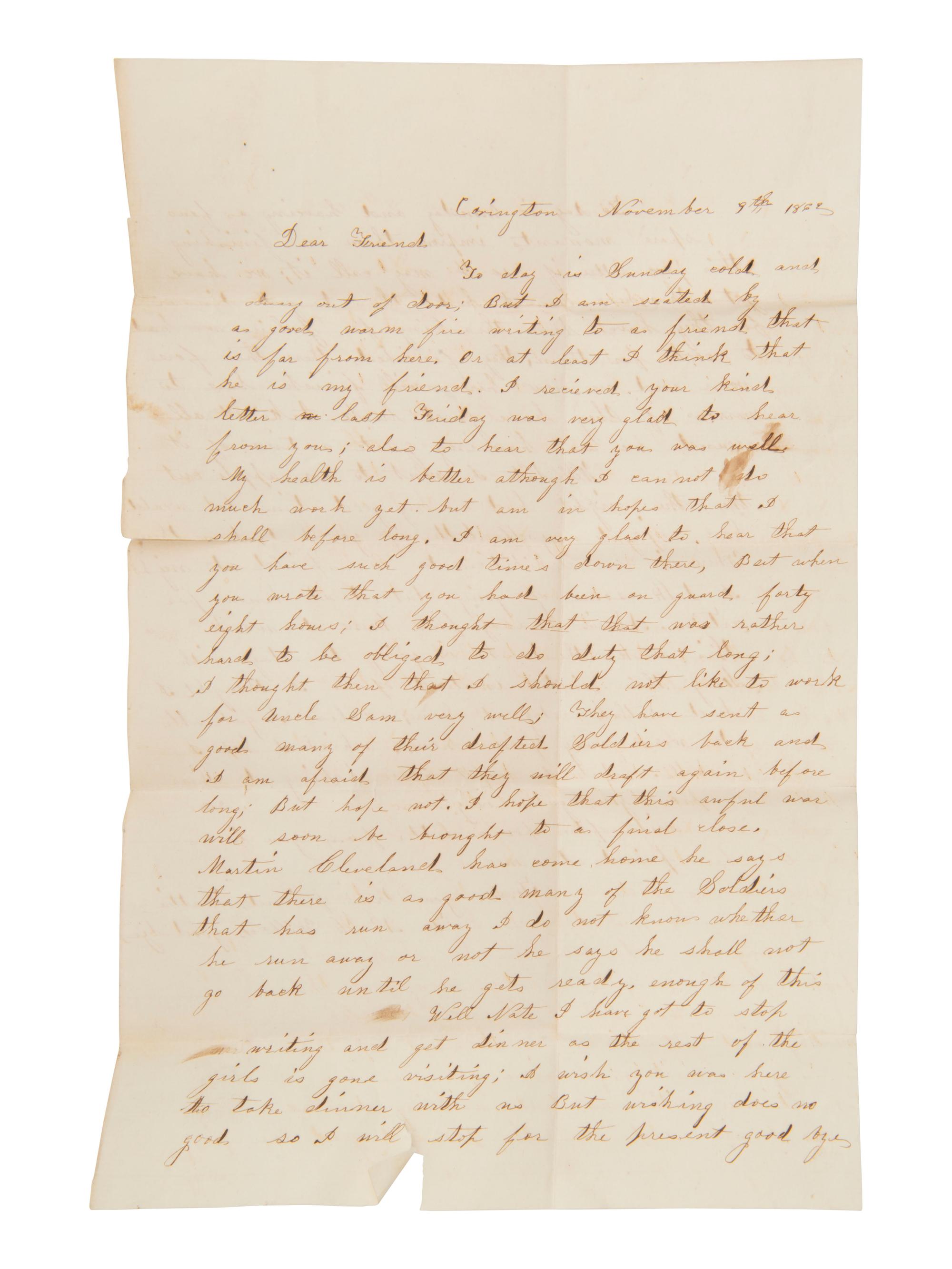 [CIVIL WAR]. Letter to a soldier, Nathan Wilcox, KIA at Gettysburg. Covington, [PA], 9 November 1862