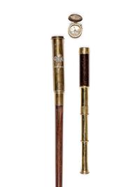 A German Silvered Metal Mounted Brass Explorer's Walking Stick