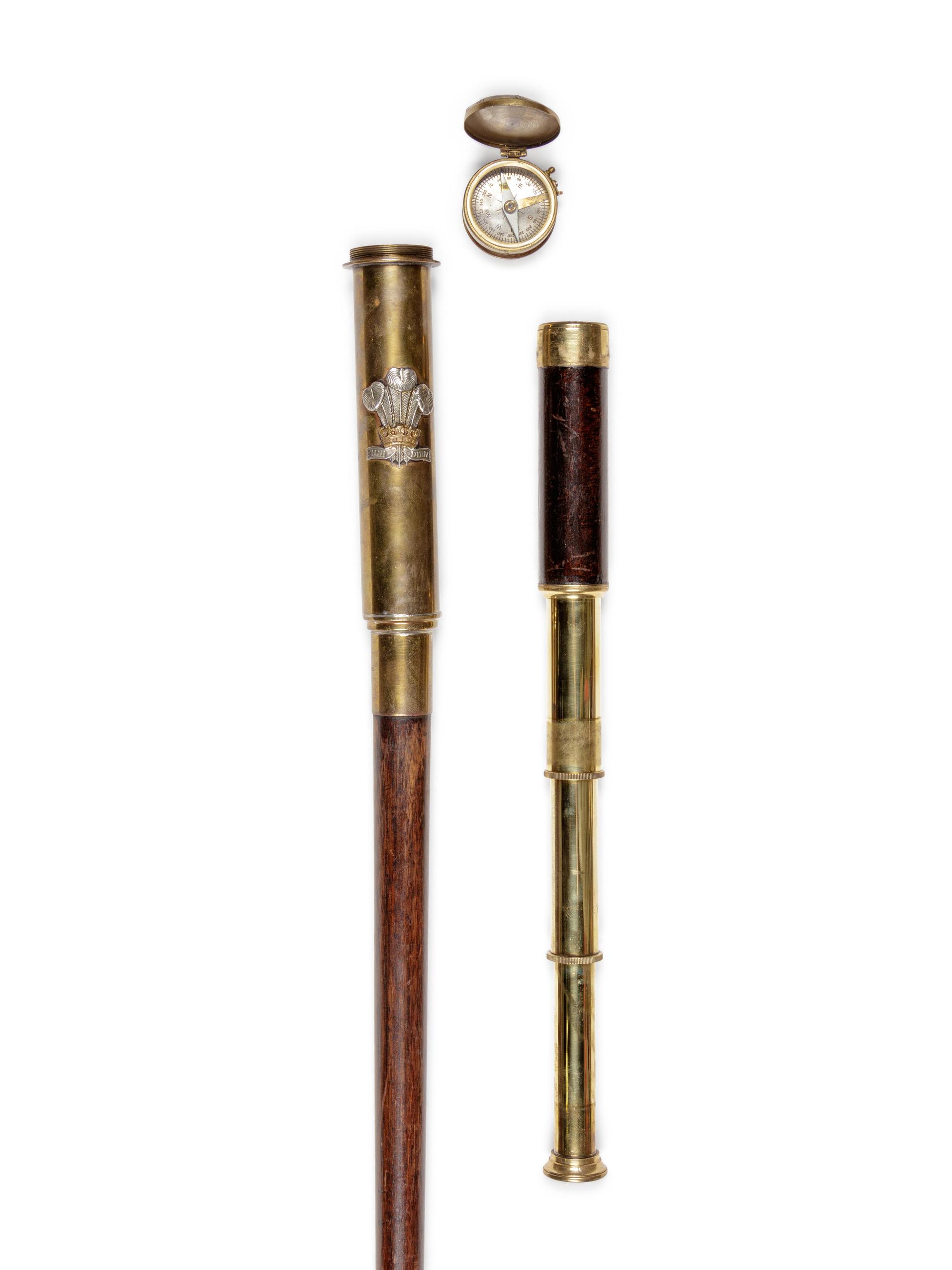 A German Silvered Metal Mounted Brass Explorer's Walking Stick