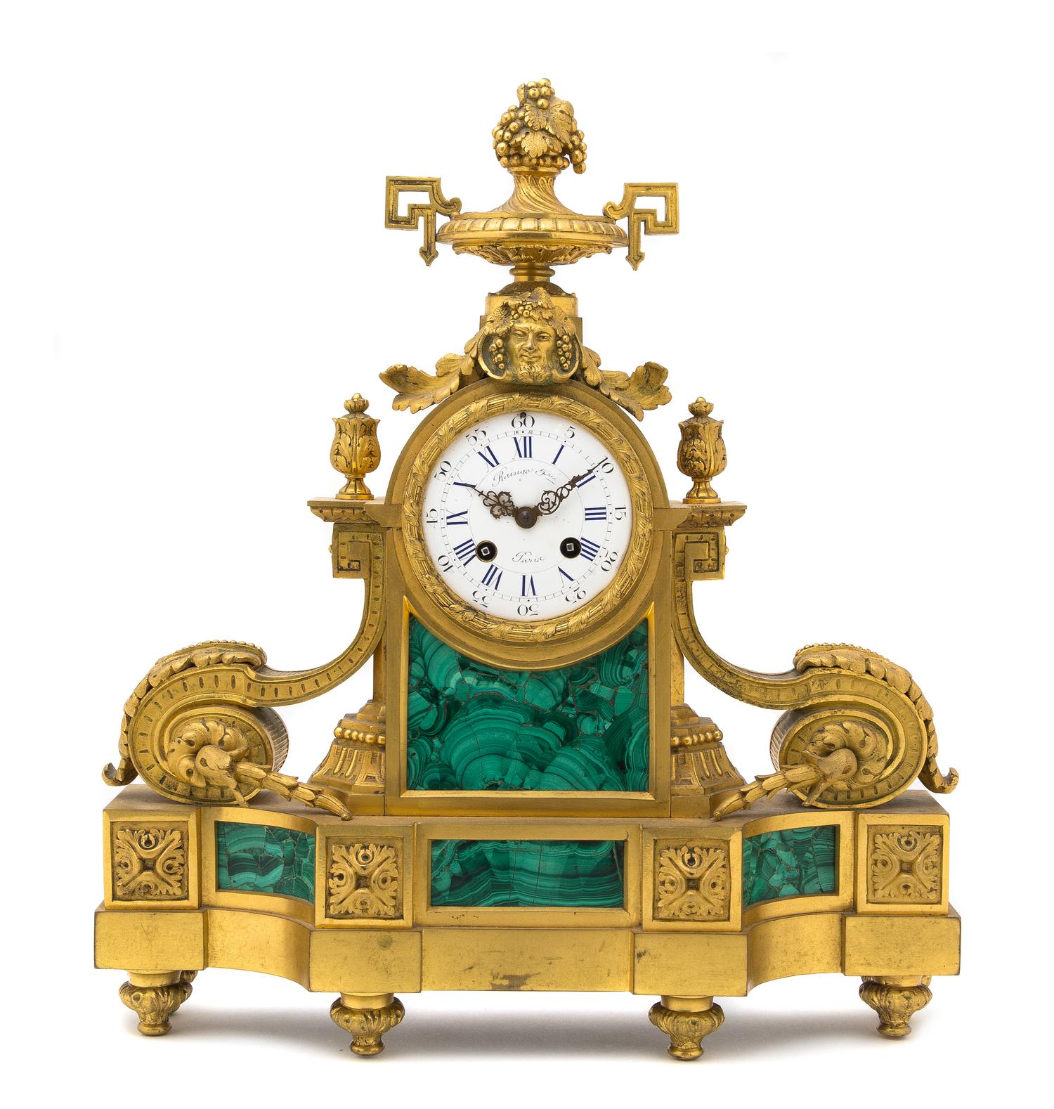 A Louis XVI Malachite and Gilt Bronze Mantel Clock, RAINGO FRERES, Height 17 1/4 inches. — RAINGO FRERES,