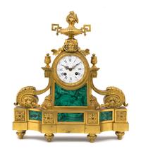 A Louis XVI Malachite and Gilt Bronze Mantel Clock, RAINGO FRERES, Height 17 1/4 inches. — RAINGO FRERES,