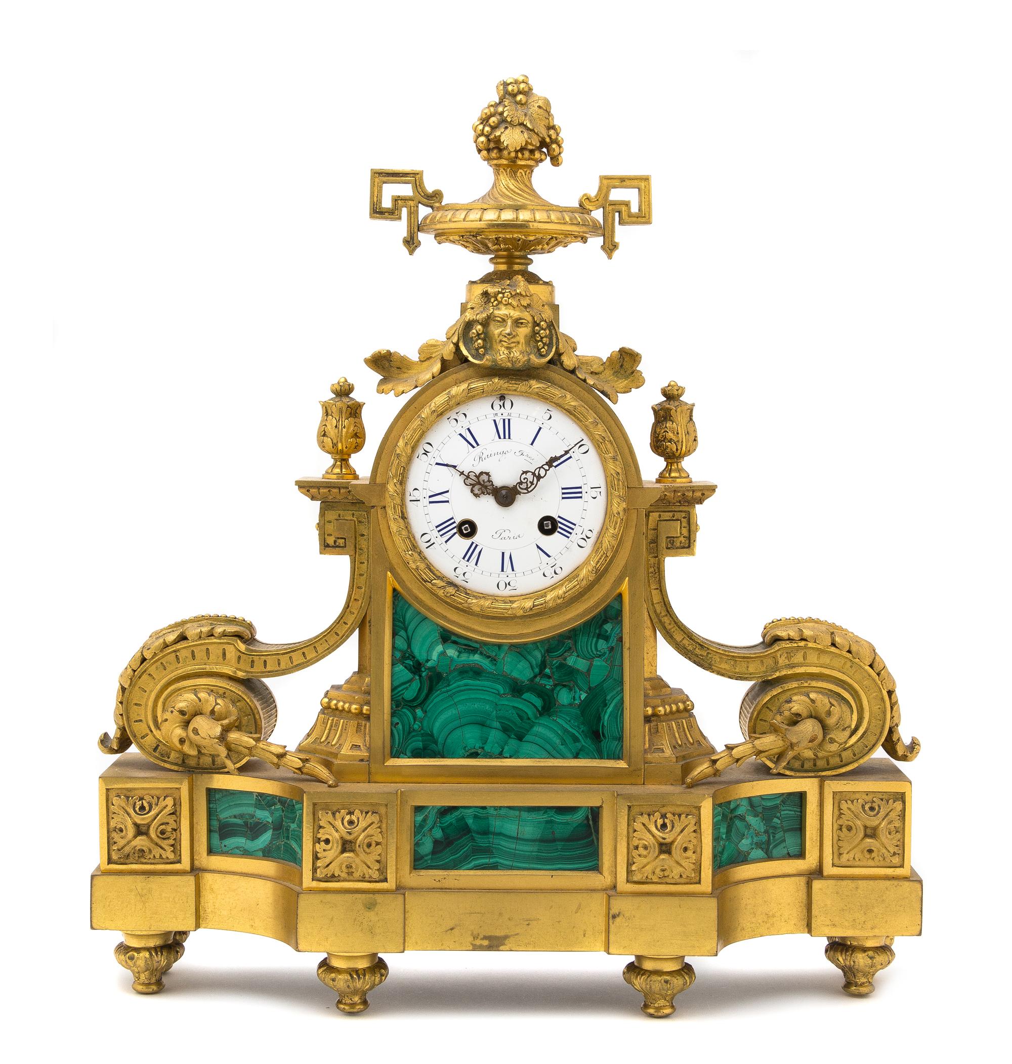 A Louis XVI Malachite and Gilt Bronze Mantel Clock, RAINGO FRERES, Height 17 1/4 inches. — RAINGO FRERES,