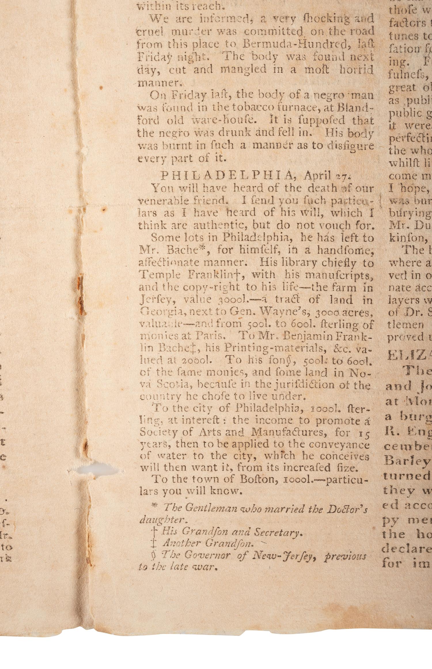 [FRANKLIN, Benjamin (1706-1790)]. Essex Journal & New Hampshire Packet . No. 306. Newburyport, MA: John Mycall, 12 May 1790.