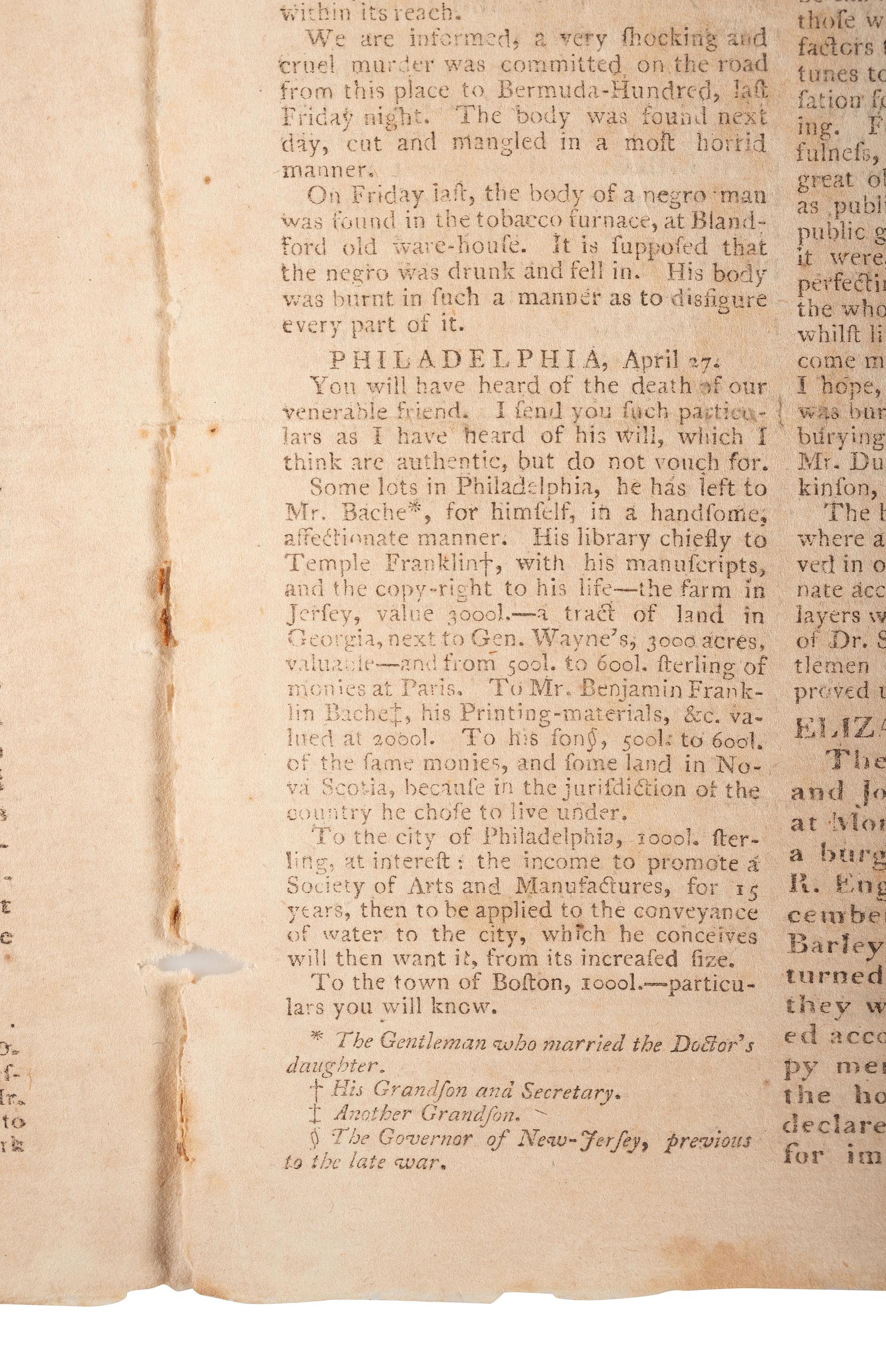 [FRANKLIN, Benjamin (1706-1790)]. Essex Journal & New Hampshire Packet . No. 306. Newburyport, MA: John Mycall, 12 May 1790.