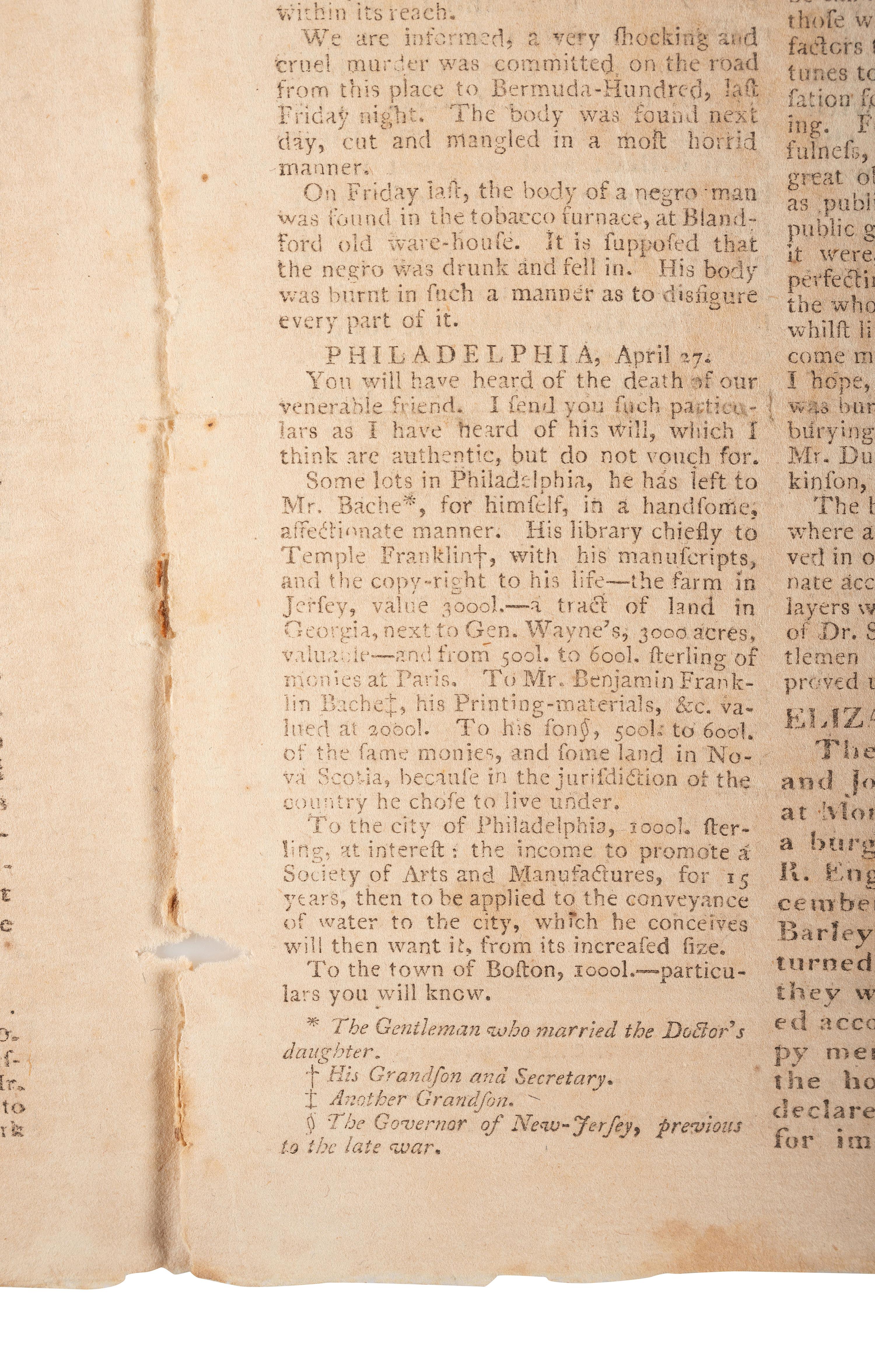 [FRANKLIN, Benjamin (1706-1790)]. Essex Journal & New Hampshire Packet . No. 306. Newburyport, MA: John Mycall, 12 May 1790.