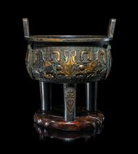 A Chinese Parcel Gilt Archaistic Bronze Bronze Ding Vessel