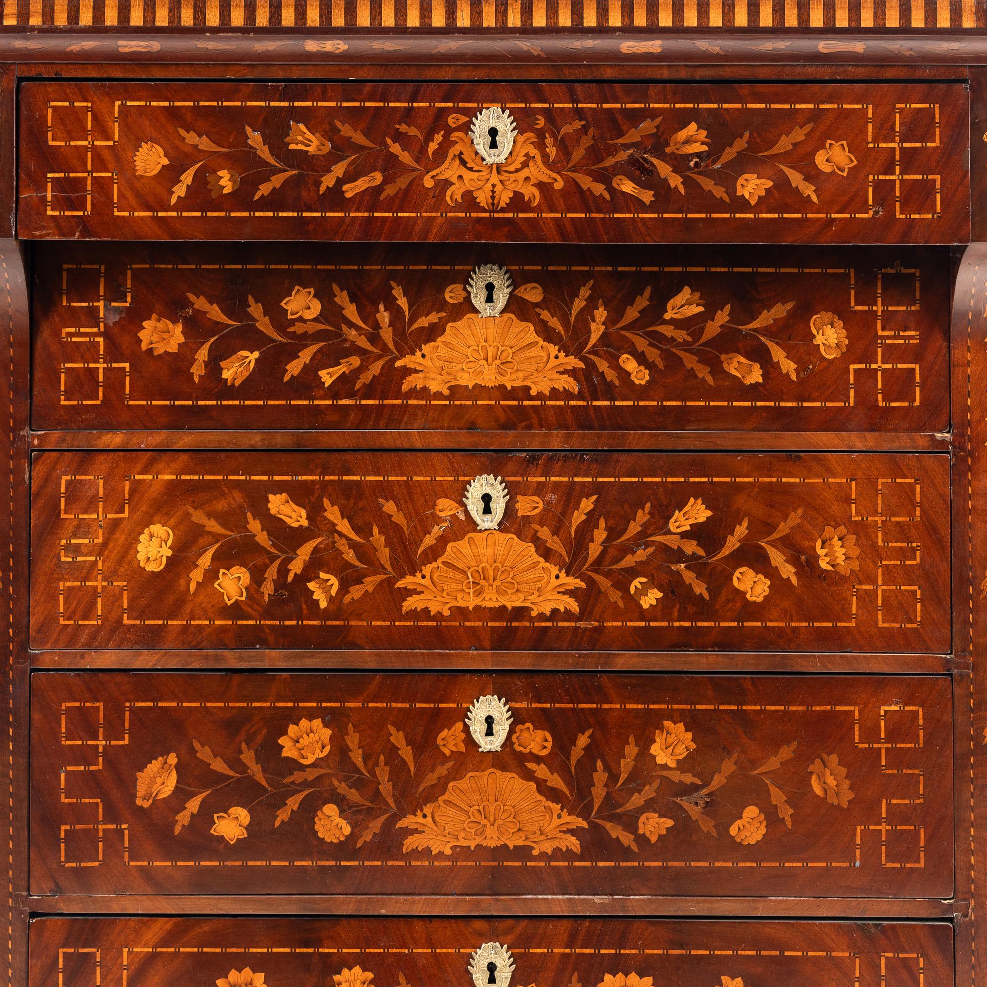 A Dutch Marquetry and Mahogany Tall Chest of Drawers