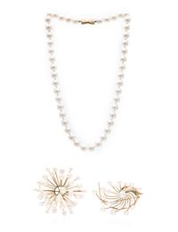 A Collection of 14 Karat Yellow and Pearl Jewelry, 48.10 dwts.