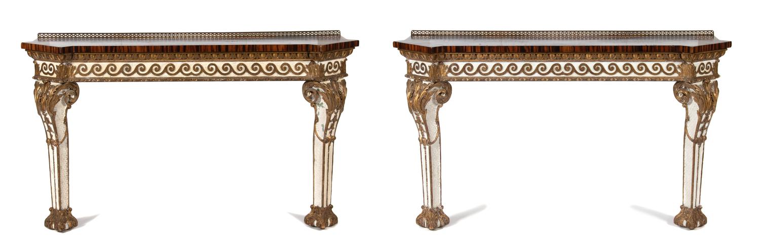 A Pair of Italian Parcel Gilt and Inlaid Top Console Tables Height 32 x width 58 x depth 15 inches. — 19TH CENTURY