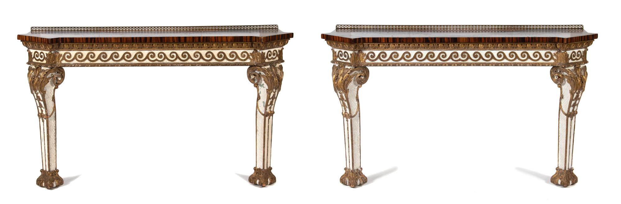 A Pair of Italian Parcel Gilt and Inlaid Top Console Tables Height 32 x width 58 x depth 15 inches. — 19TH CENTURY