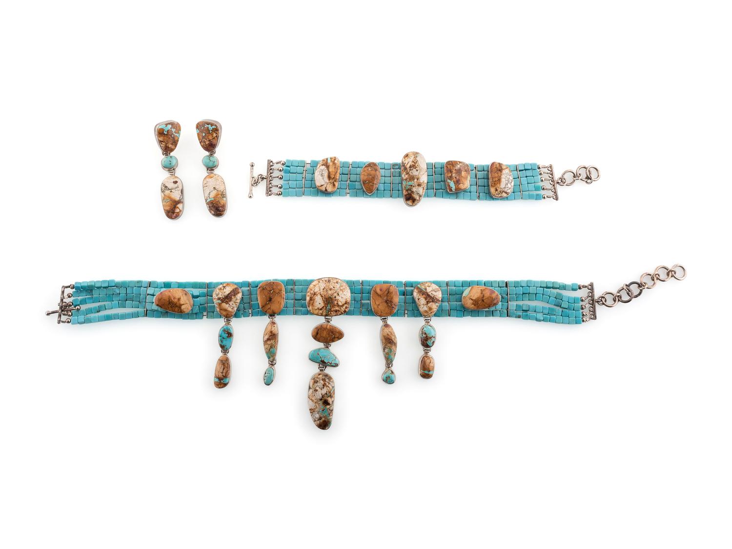 Matching Sterling Silver and Turquoise Choker Necklace, Bracelet, and Earrings Set