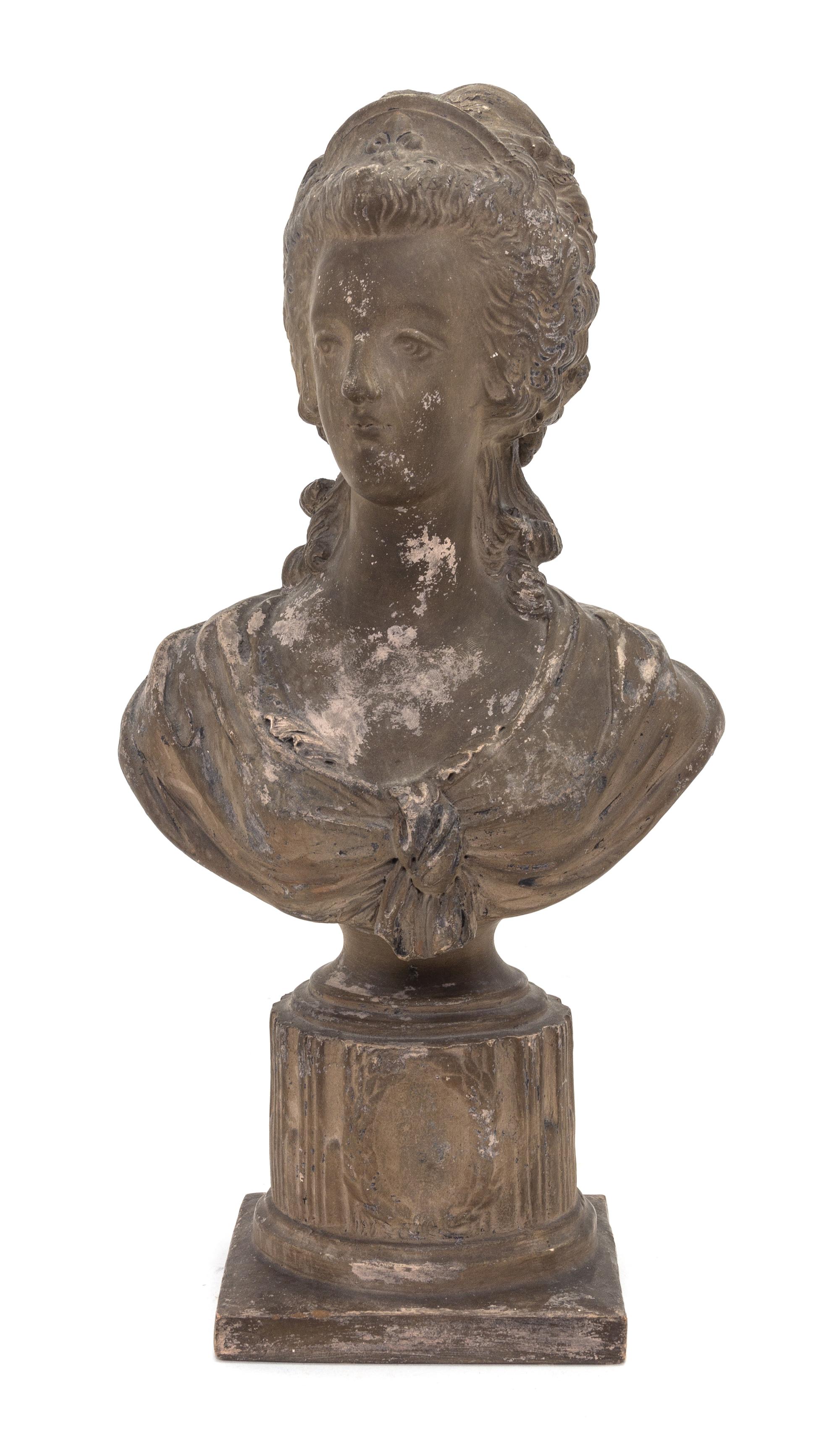 A French Terra Cotta Bust of Marie Antoinette Height 12 1/8 inches.