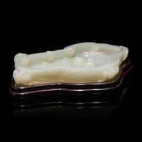 A Chinese White Jade 'Peach and Bat' Washer 白玉云蝠壽桃紋筆洗