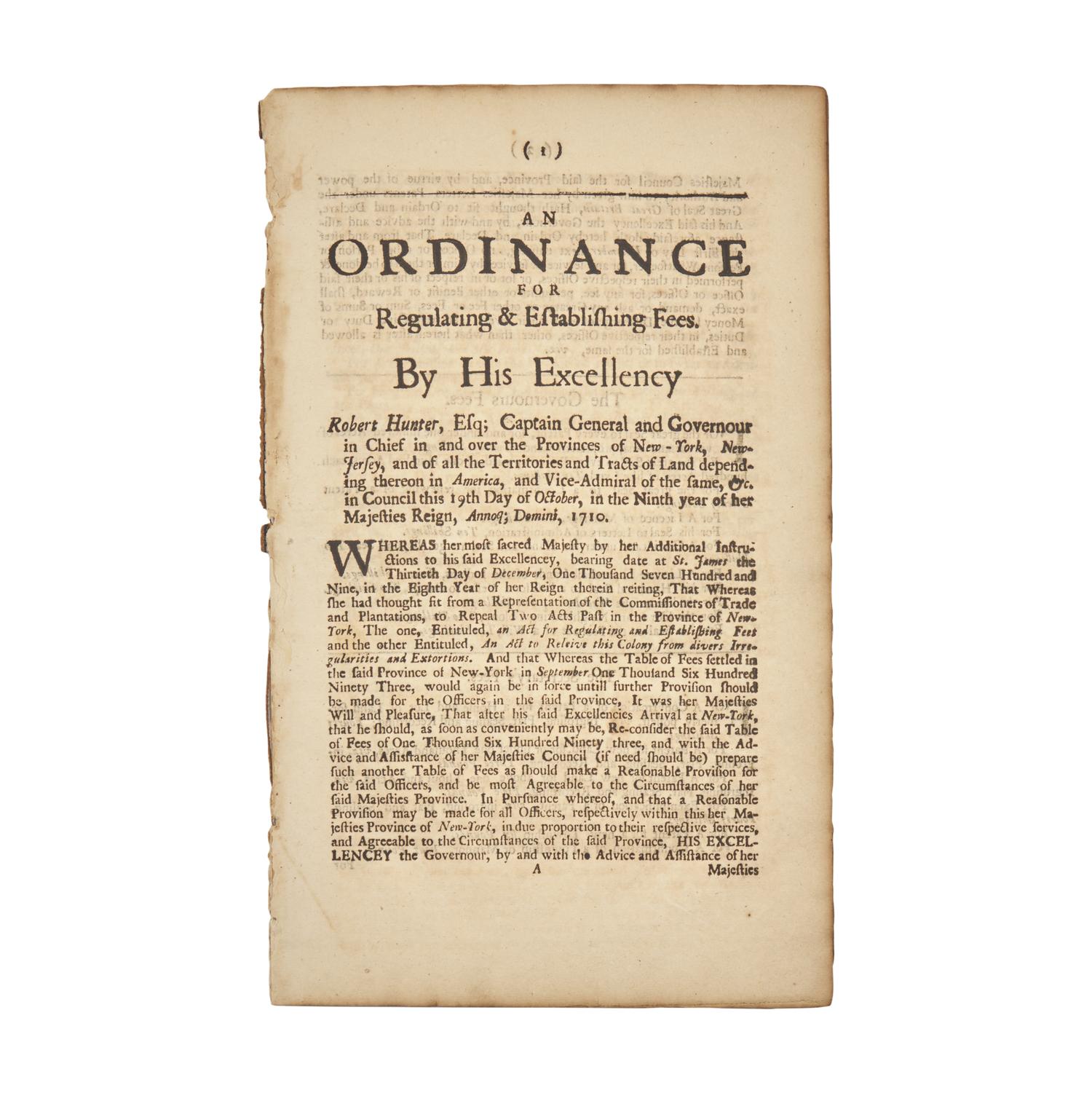 [Colonial America] [Hunter, Robert] A Scarce Summary of Legal Fees Present in the Colonies of New York and New Jersey, from the Press of the First Printer of New York