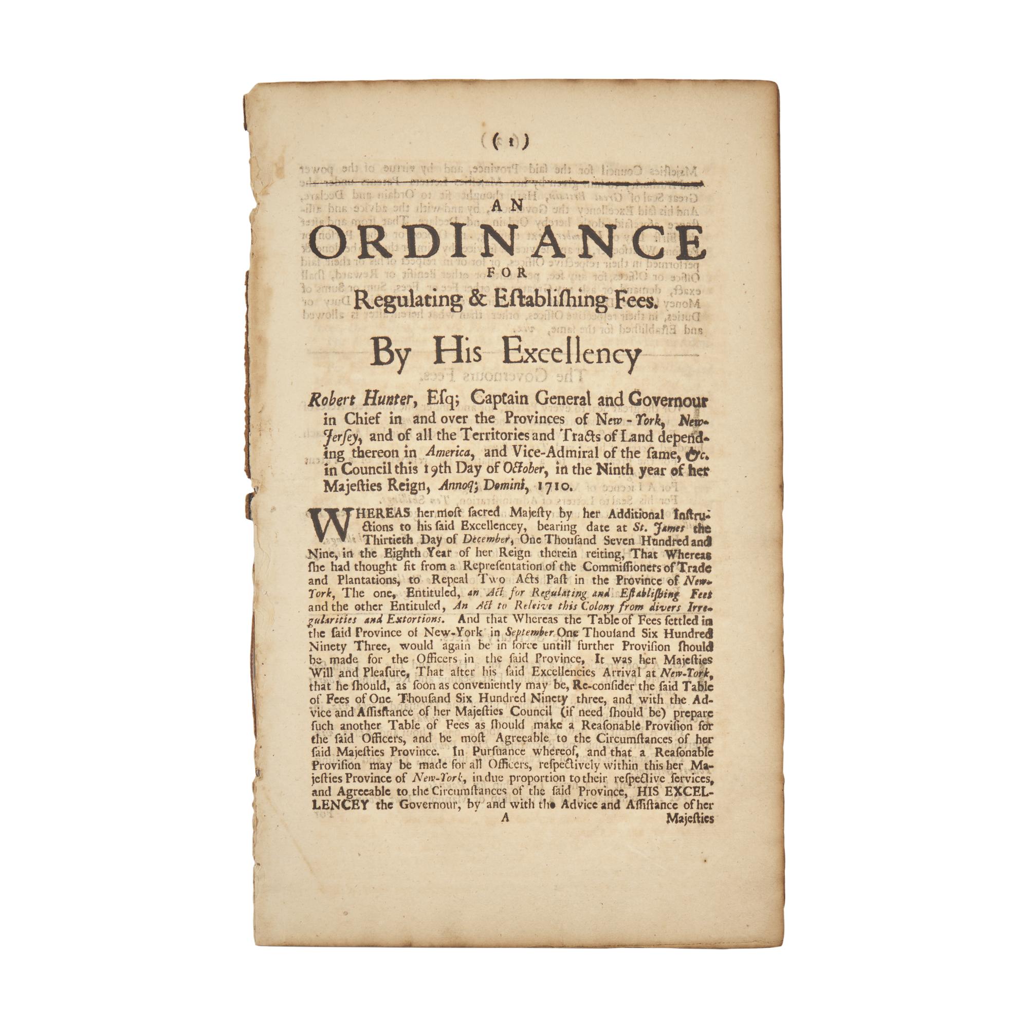 [Colonial America] [Hunter, Robert] A Scarce Summary of Legal Fees Present in the Colonies of New York and New Jersey, from the Press of the First Printer of New York