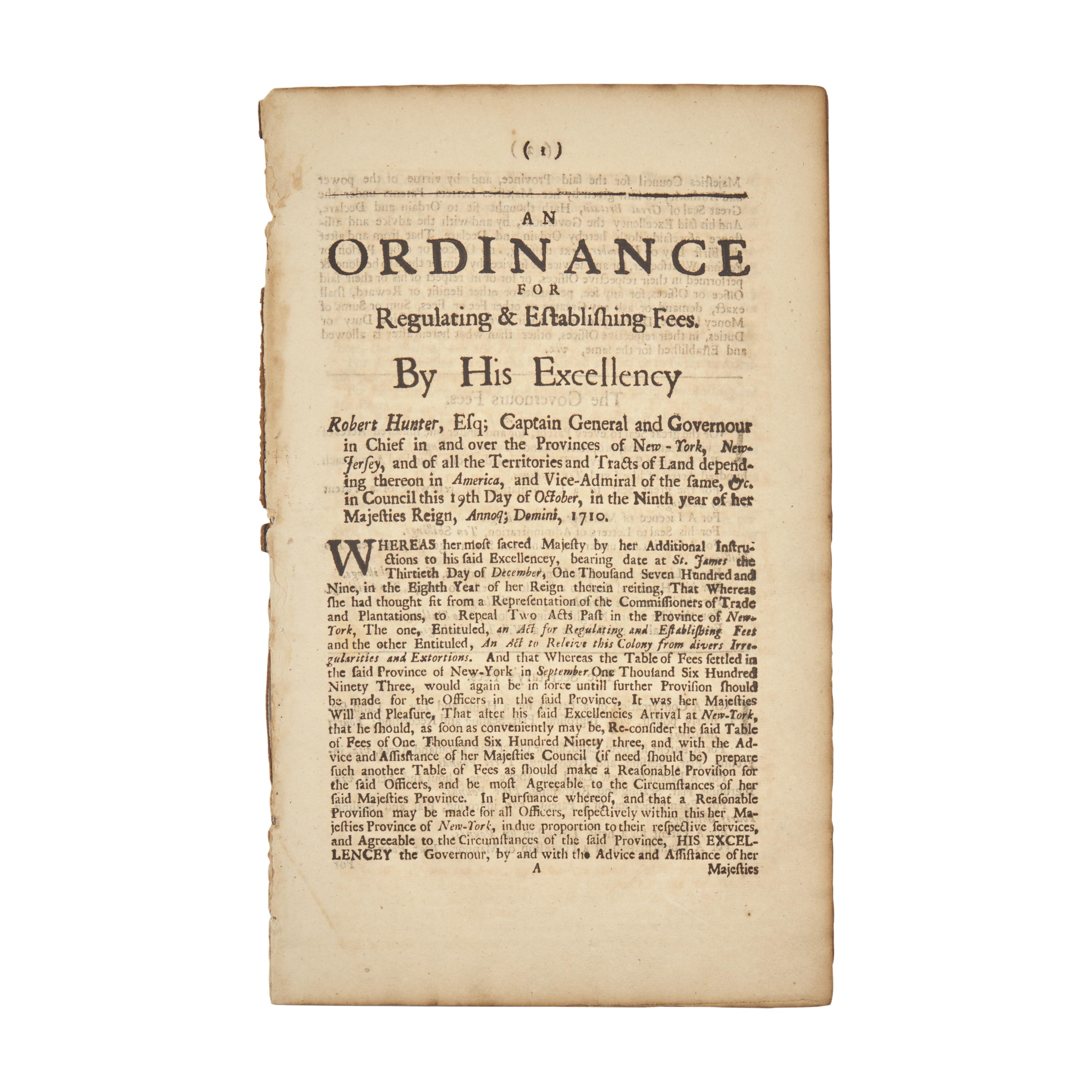 [Colonial America] [Hunter, Robert] A Scarce Summary of Legal Fees Present in the Colonies of New York and New Jersey, from the Press of William Bradford, the First Printer of New York