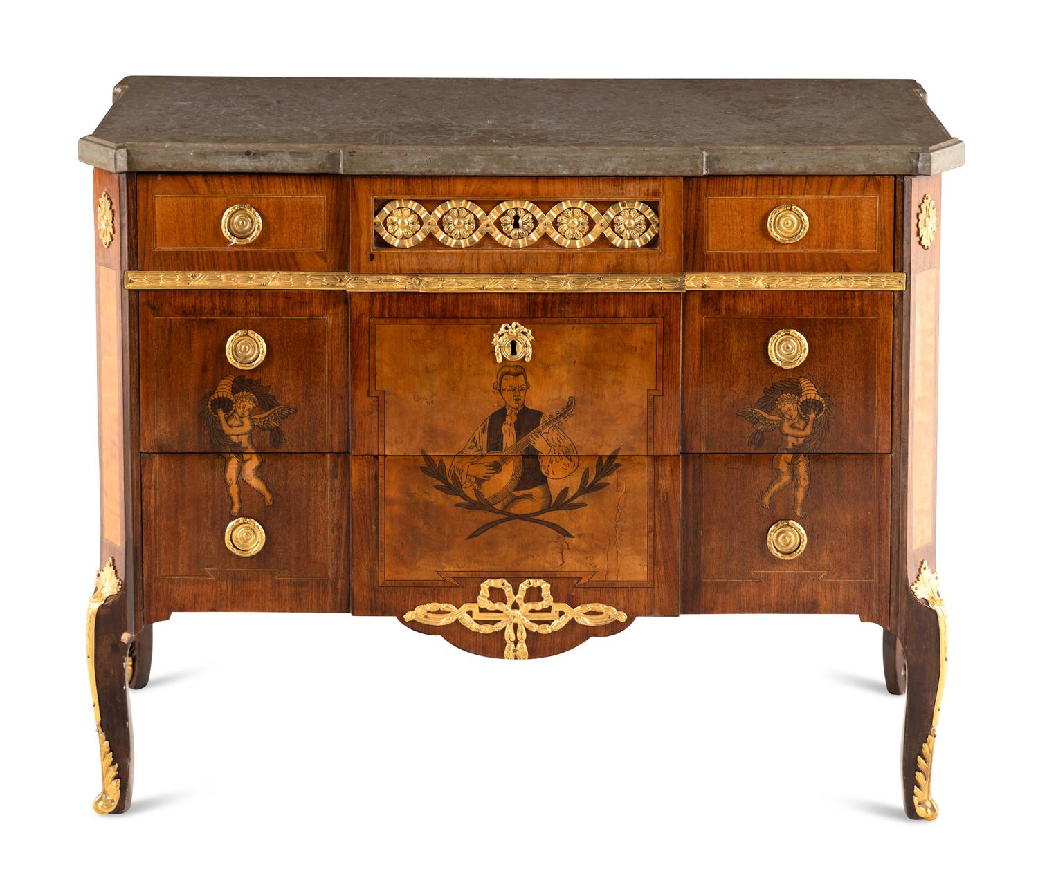 A Baltic Gilt Bronze Mounted Marquetry Marble-Top Commode