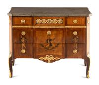 A Baltic Gilt Bronze Mounted Marquetry Marble-Top Commode