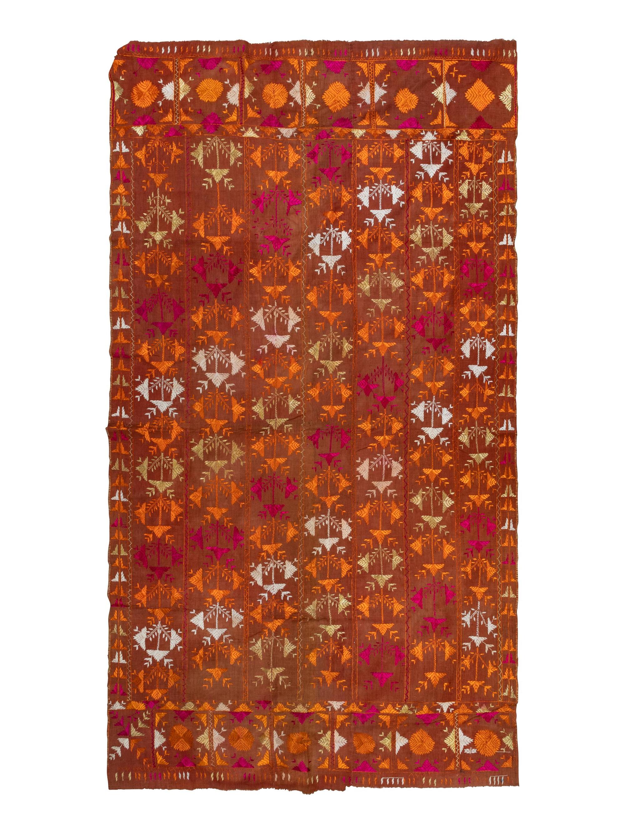 Two Indian Silk Embroidered Cotton Phulkari Shawls