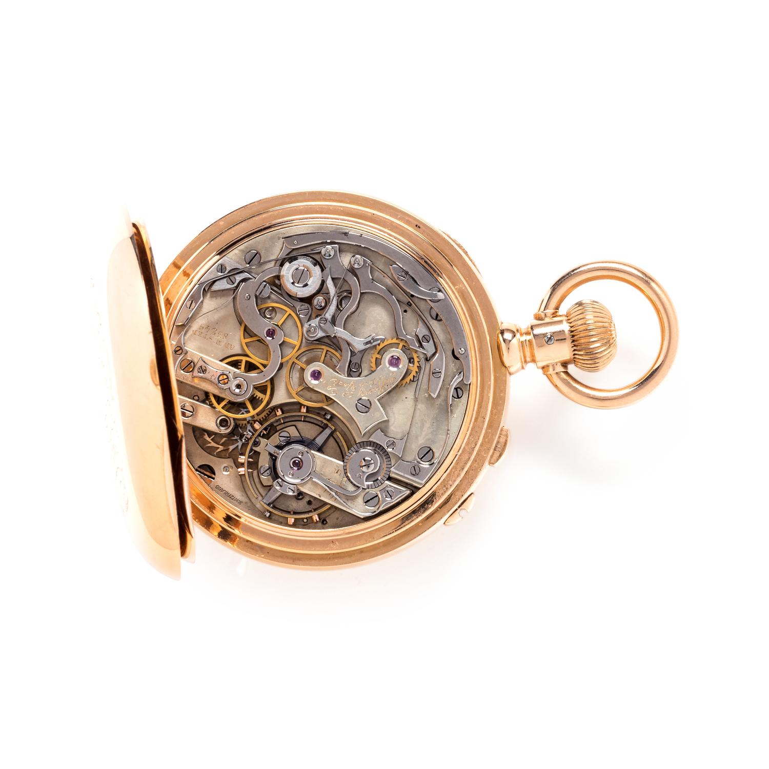 TIFFANY & CO., 18K YELLOW GOLD SPLIT SECOND CHRONOGRAPH OPEN FACE POCKET WATCH
