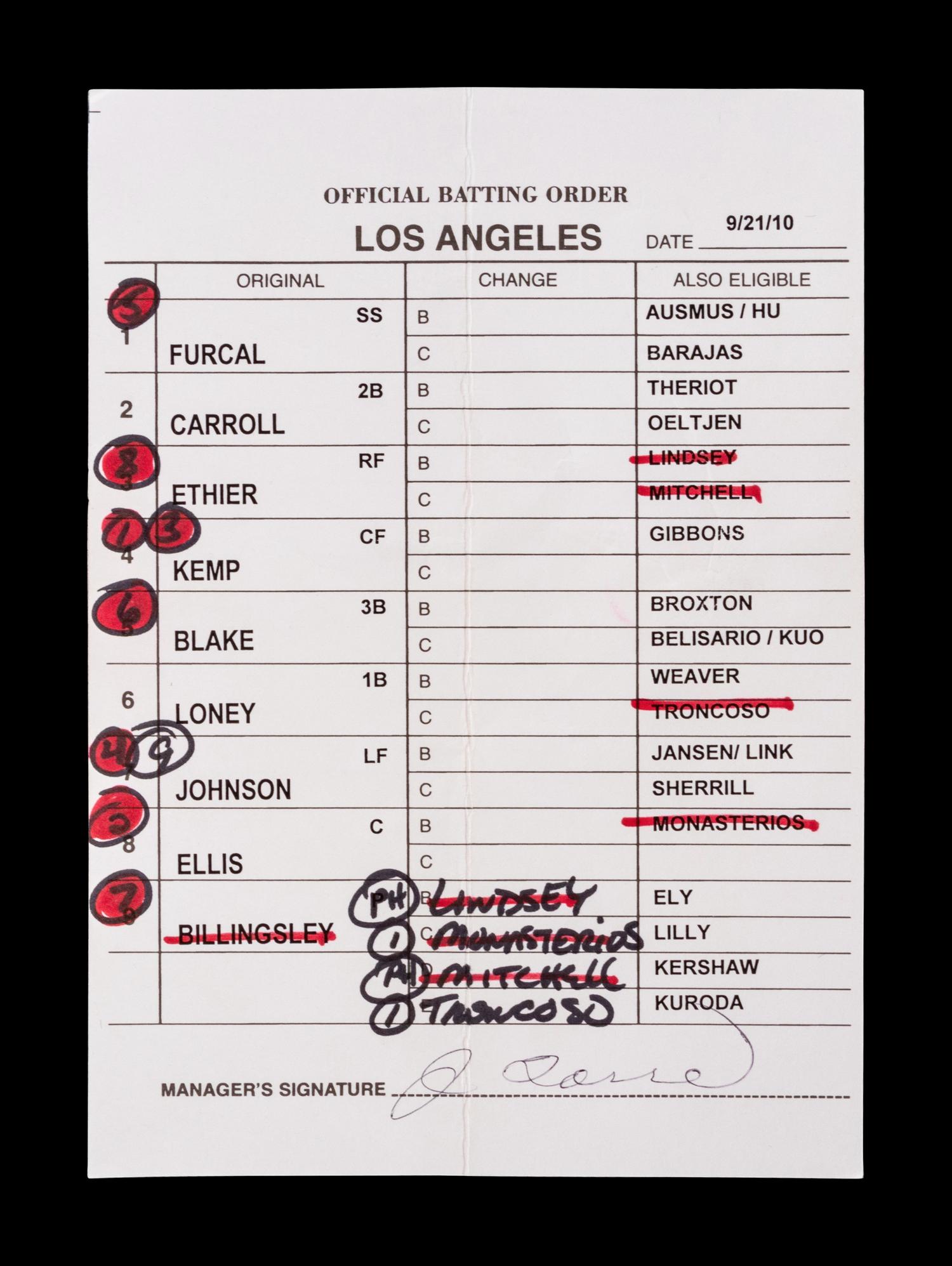 A Group of Five 2010 Joe Torre Signed Autograph Los Angeles Dodgers Umpire Lineup Cards from The Collection of Baseball Hall of Famer Ted Simmons,