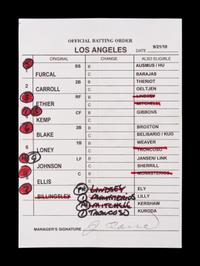 A Group of Five 2010 Joe Torre Signed Autograph Los Angeles Dodgers Umpire Lineup Cards from The Collection of Baseball Hall of Famer Ted Simmons,