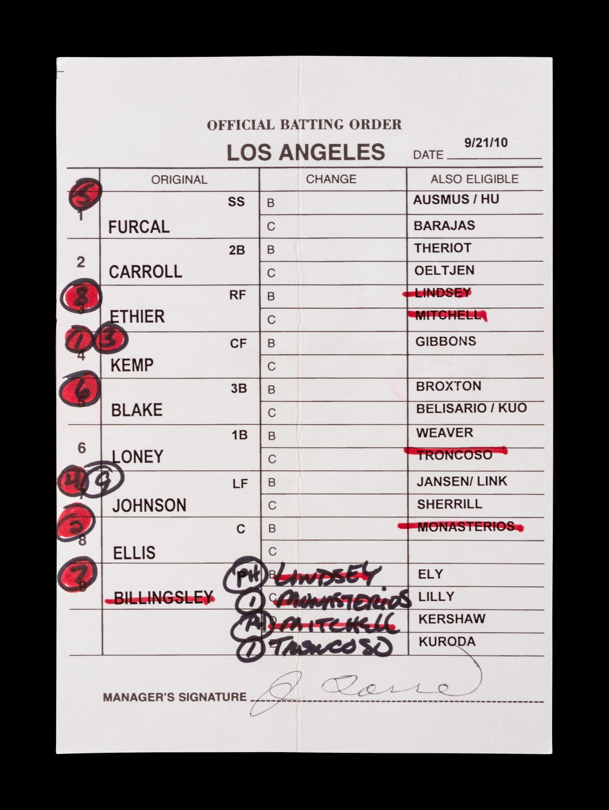 A Group of Five 2010 Joe Torre Signed Autograph Los Angeles Dodgers Umpire Lineup Cards from The Collection of Baseball Hall of Famer Ted Simmons,