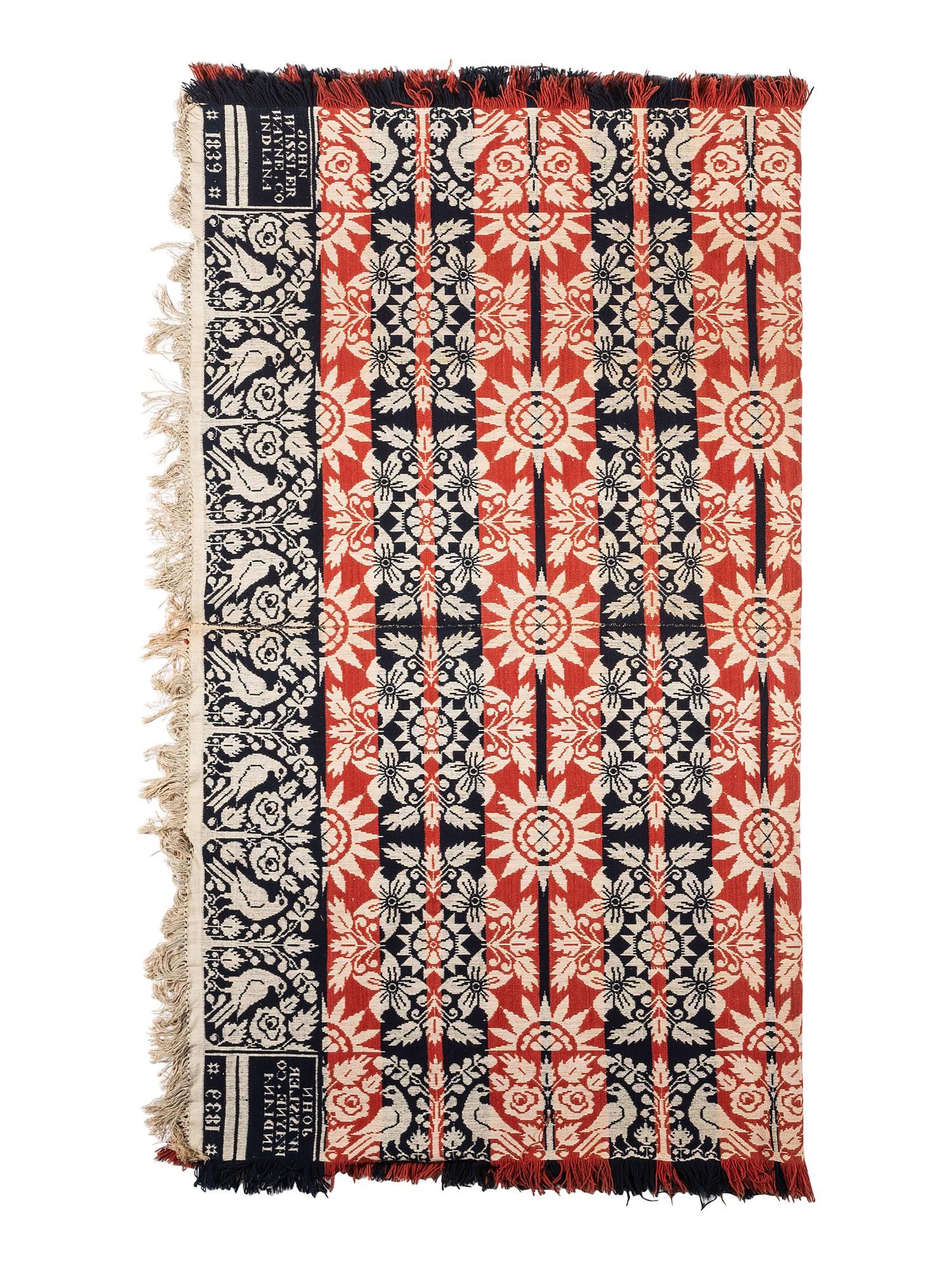 A Red, White, and Blue Bird and Sunflower Jacquard Coverlet