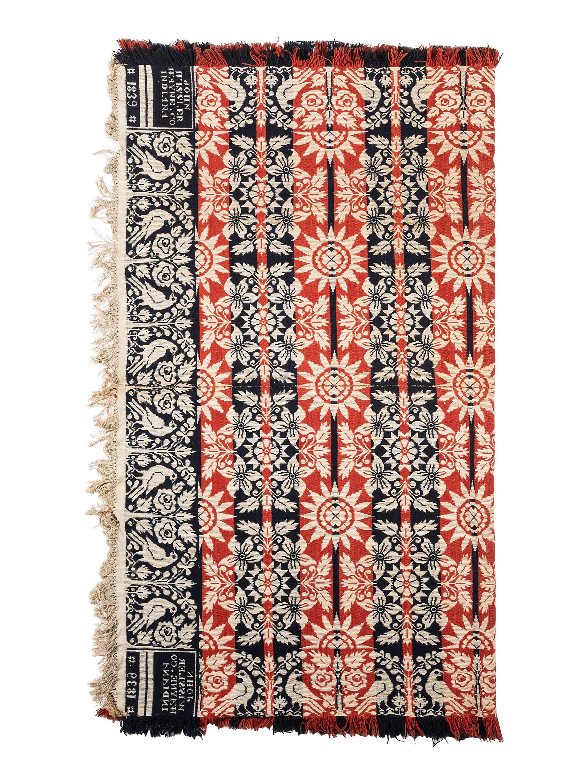 A Red, White, and Blue Bird and Sunflower Jacquard Coverlet