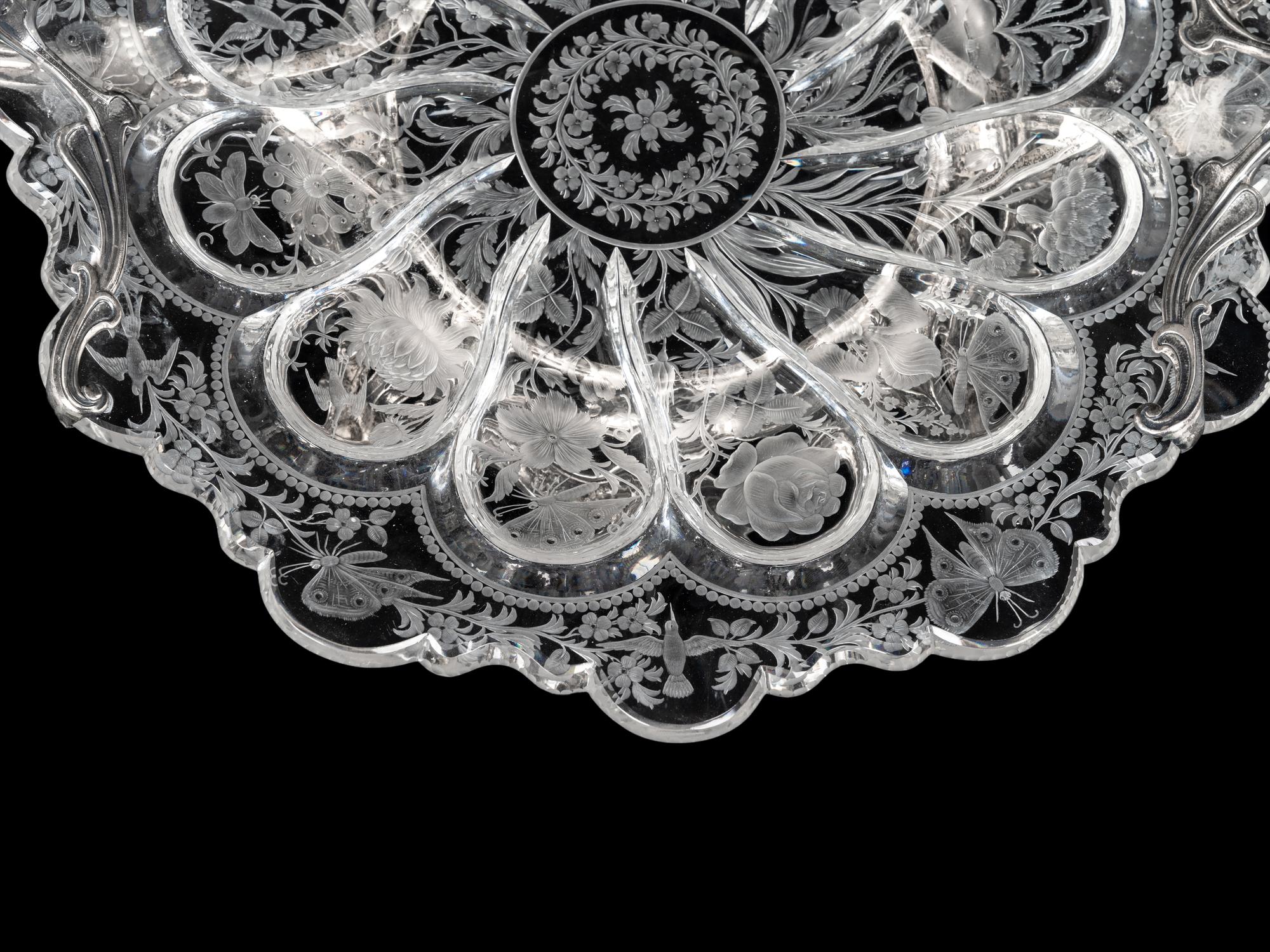 An American Silver Mounted Etched Glass Center Bowl
